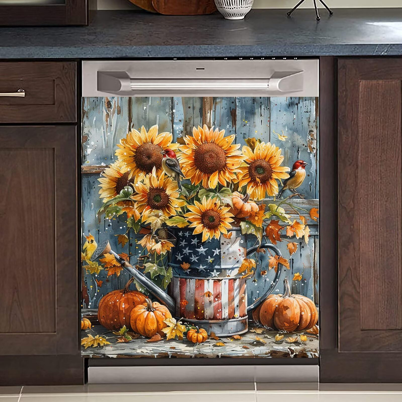 Fall Harvest Magnetic Dishwasher Cover Decal - Diamond Art Pumpkins, Sunflowers & Birds Design - Halloween Kitchen Decor Sticker (23