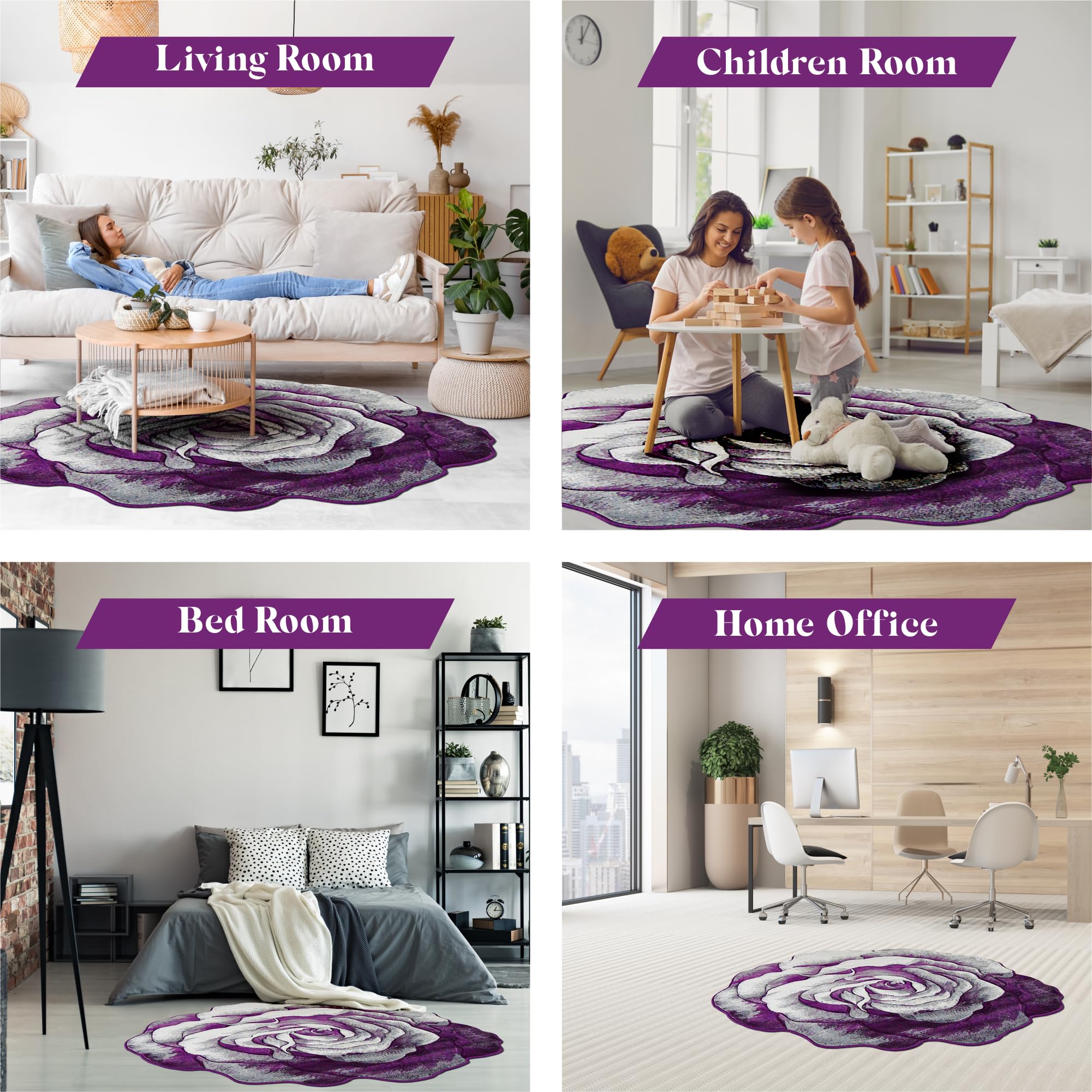 6ft Round Rose Flower Shaped Plush Area Rug - Soft Girly Circle Carpet for Bedroom, Living Room Floor Decor | Perfect for Boho Chic Home, Nursery & Dorm Room (304 Purple)