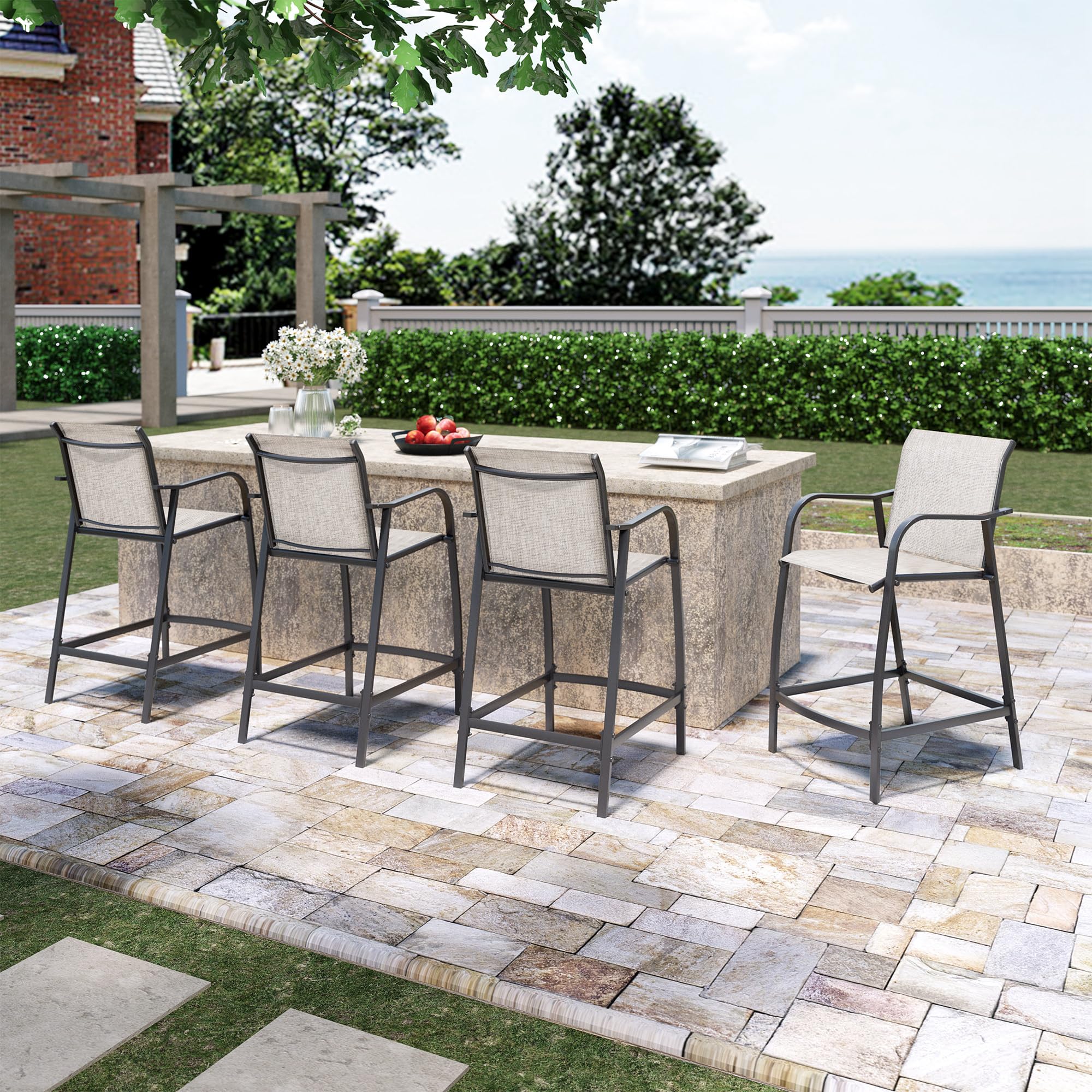 Outdoor Metal Bar Stools Set of 4 - Counter Height Steel Patio Chairs with Textilene Seat, Armrest & Footrest - Lightweight Grey Patio Furniture for Backyard, Deck, Poolside & Outdoor Dining