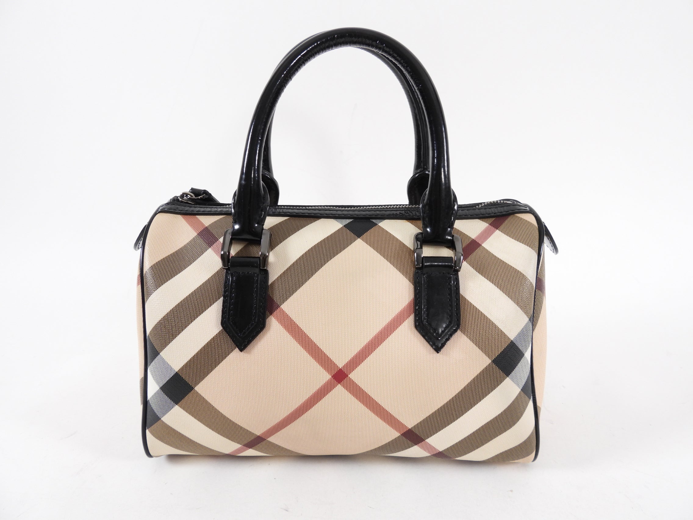 Burberry Nova Check & Patent Leather Small Boston Bag - Luxury Crossbody Handbag for Women, Perfect for Work, Travel & Everyday Use