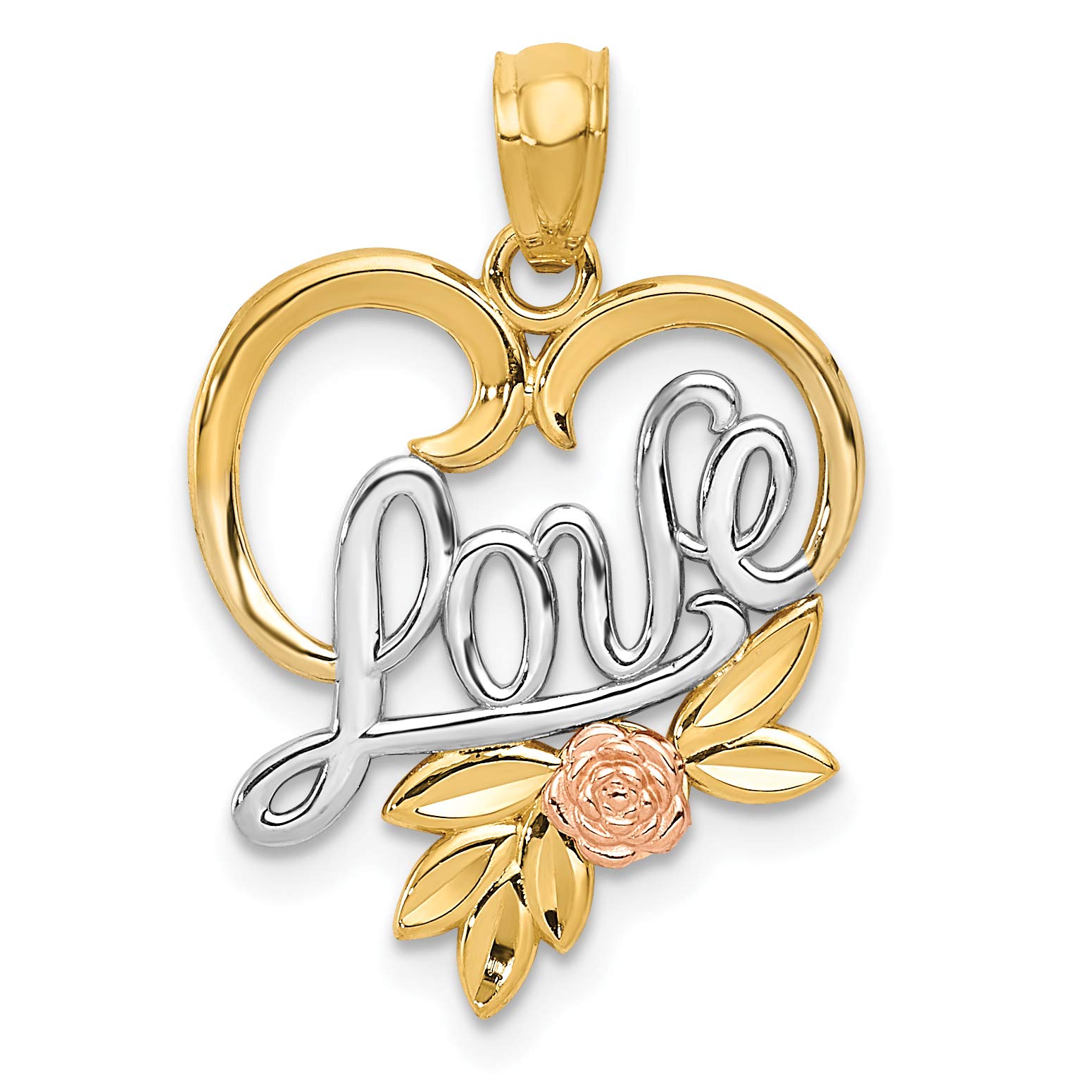 14K Two-Tone Gold Heart Pendant Necklace - Yellow & Rose Gold with Rhodium Diamond-Cut LOVE Design - 23mm - Perfect Gift for Valentine's Day, Anniversary & Romantic Occasions