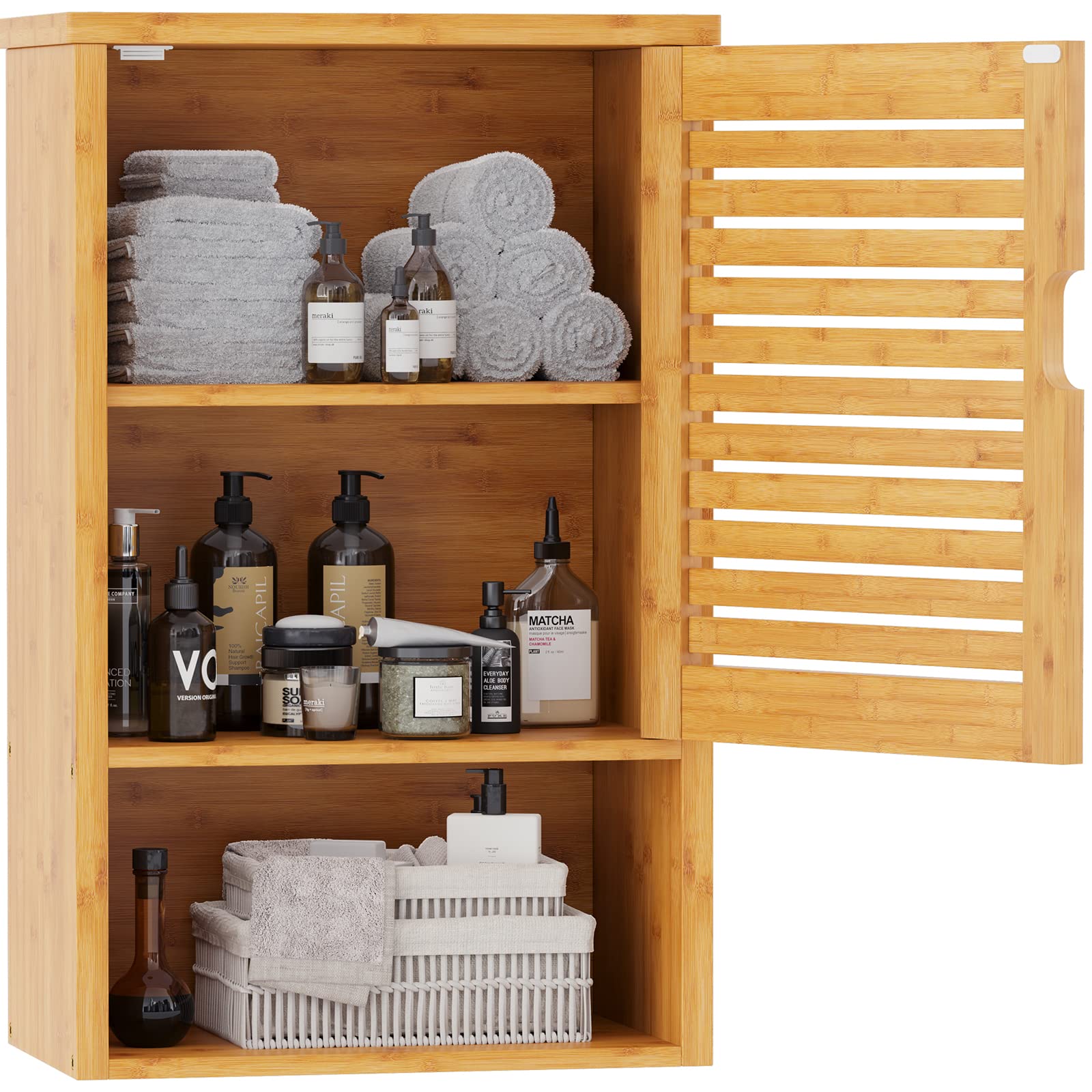VIAGDO Wooden Bathroom Wall Cabinet - Single Door Medicine Storage with Adjustable Shelf, Bamboo Over The Toilet Hanging Cupboard (15.7’’L x 7.8’’W x 23.6’’H) - Perfect for Small Bathrooms, Powder Rooms & Apartment Storage Solutions