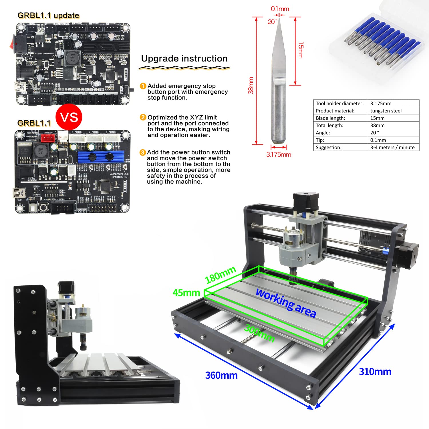 RATTMMOTOR DIY CNC Router Kit - 3 Axis Hobby CNC Machine with GRBL Control for Wood, Acrylic, PVC & PCB Engraving | 300x180x45mm Working Area | Perfect for Home DIY Projects, Woodworking & Craft Making