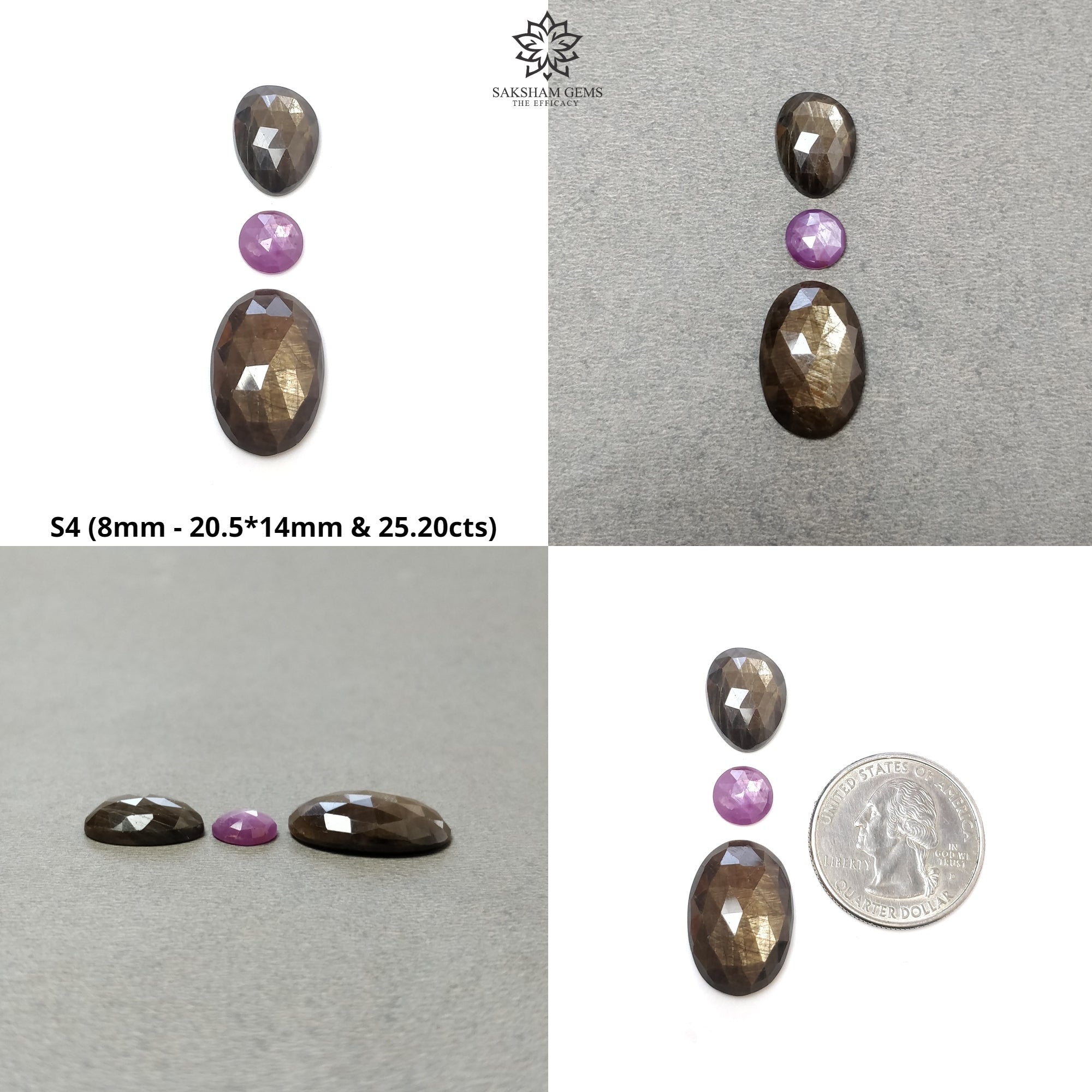 Natural Untreated Golden Brown Chocolate & Pink Sapphire Gemstone Rose Cut - Round Cushion & Unique Shape 3pc Set for Jewelry Making, Engagement Rings & DIY Crafts