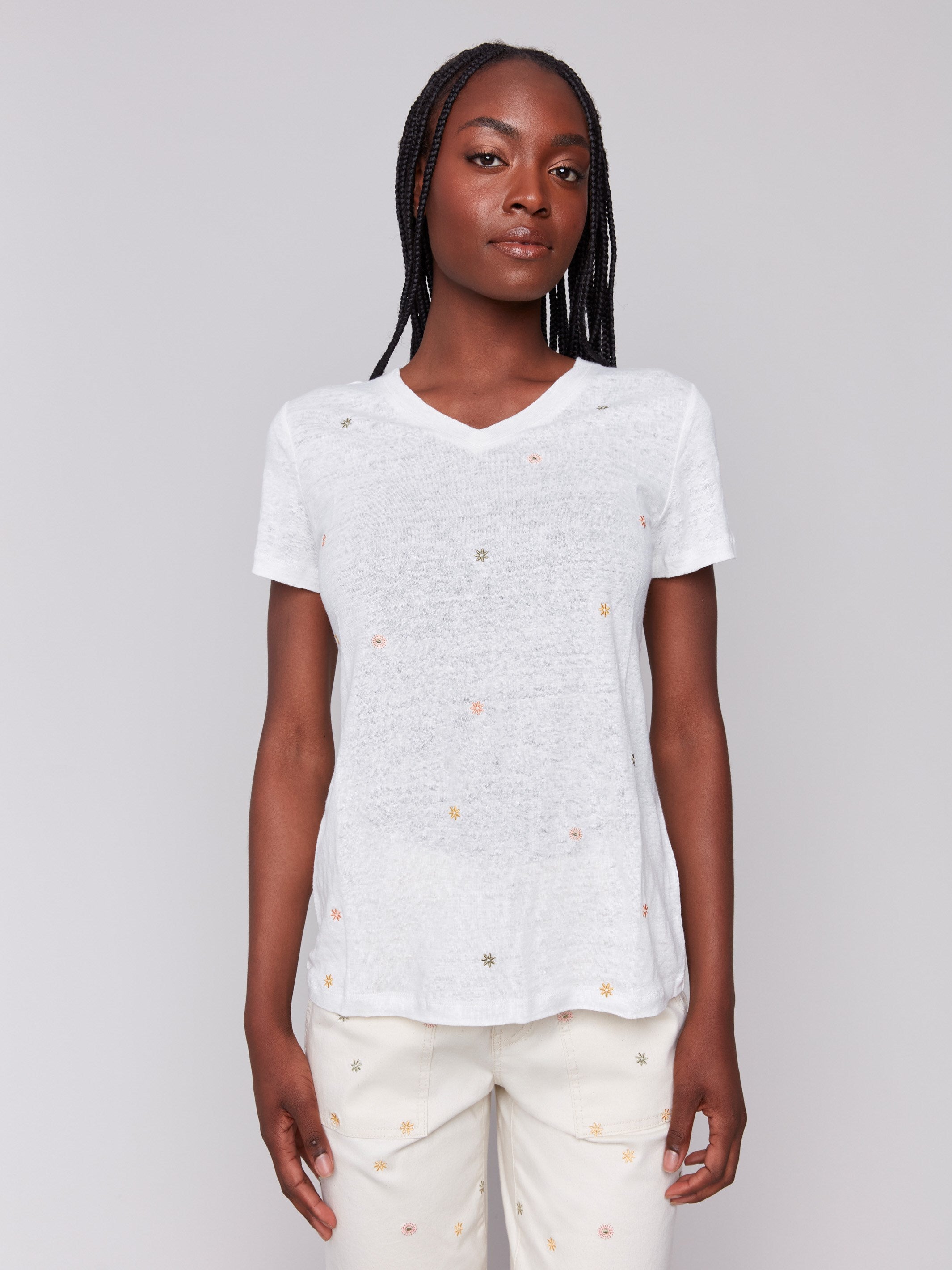 Embroidered Cotton V-Neck T-Shirt for Women - Floral Print Casual Tee - Perfect for Summer Outfits, Beach Wear & Everyday Comfort