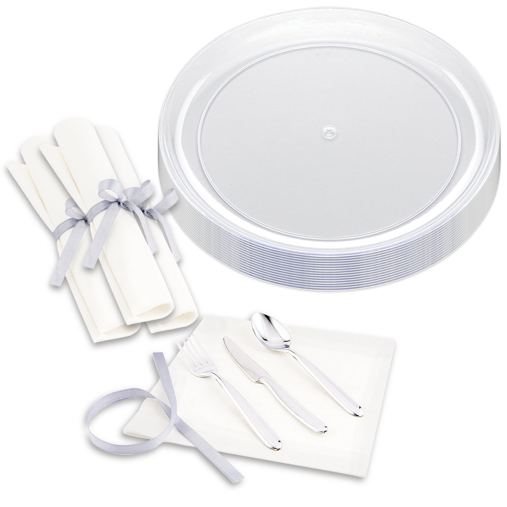 100-Pack Clear 9-Inch Elegant Plastic Plates & 100-Pack Modern Silver Plastic Cutlery Set - Perfect for Parties, Picnics, and Catering Events