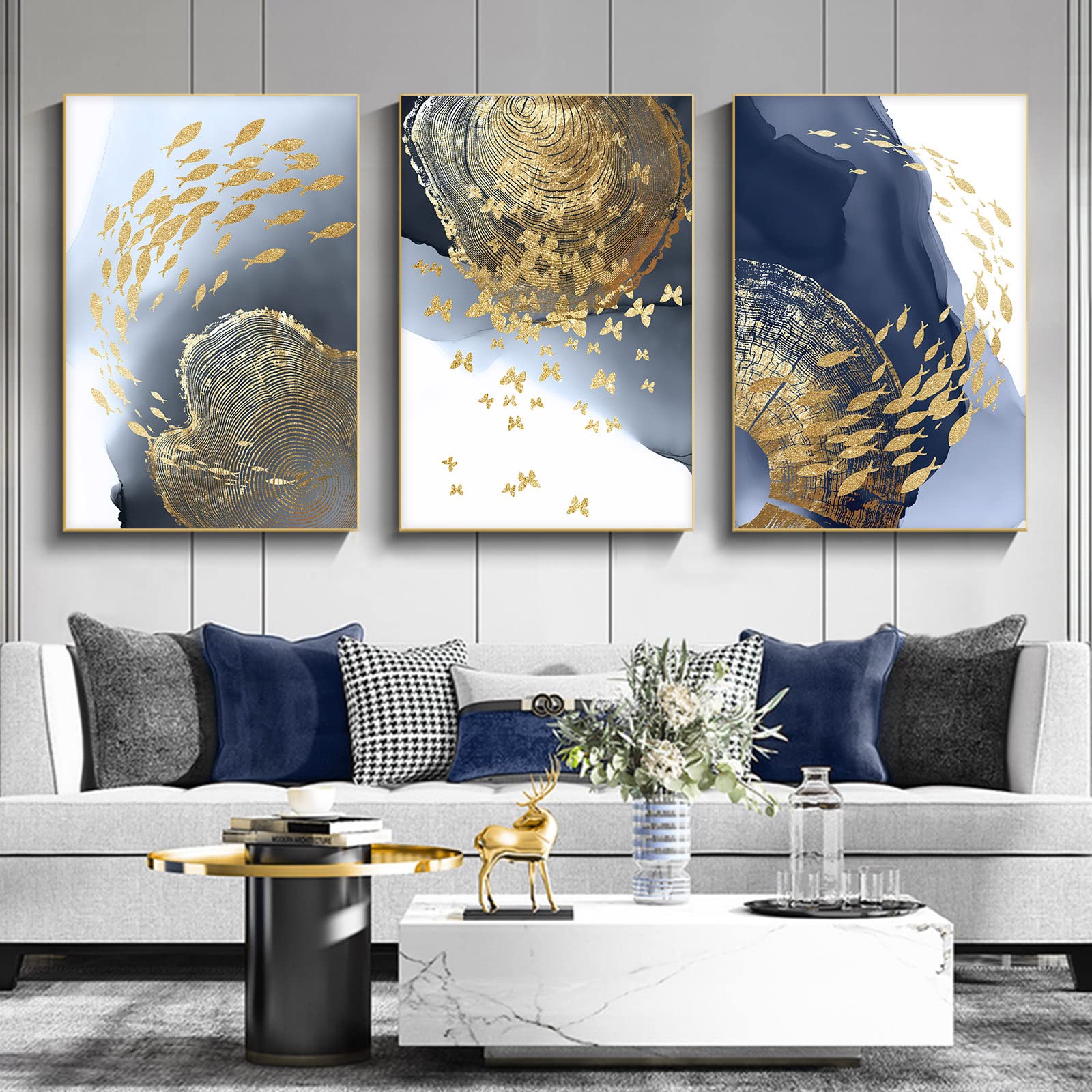 Blue and Gold Abstract Watercolor Canvas Wall Art - Modern Ink Painting Poster for Living Room Decor, 16x24 Inches (Set of 3) - Perfect for Home, Office & Gallery Wall Displays