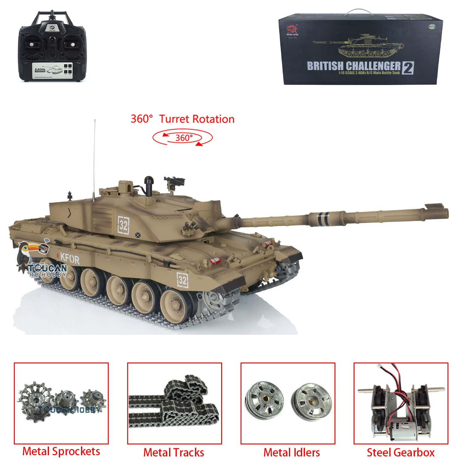 1/16 Henglong British Challenger II 7.0 RC Tank Model 3908 - Ready-to-Run with 360° Rotating Turret, Metal Tracks with Rubber Pads, Steel Gearbox | Military Vehicle Collection, Battle Simulation & Hobbyist Display