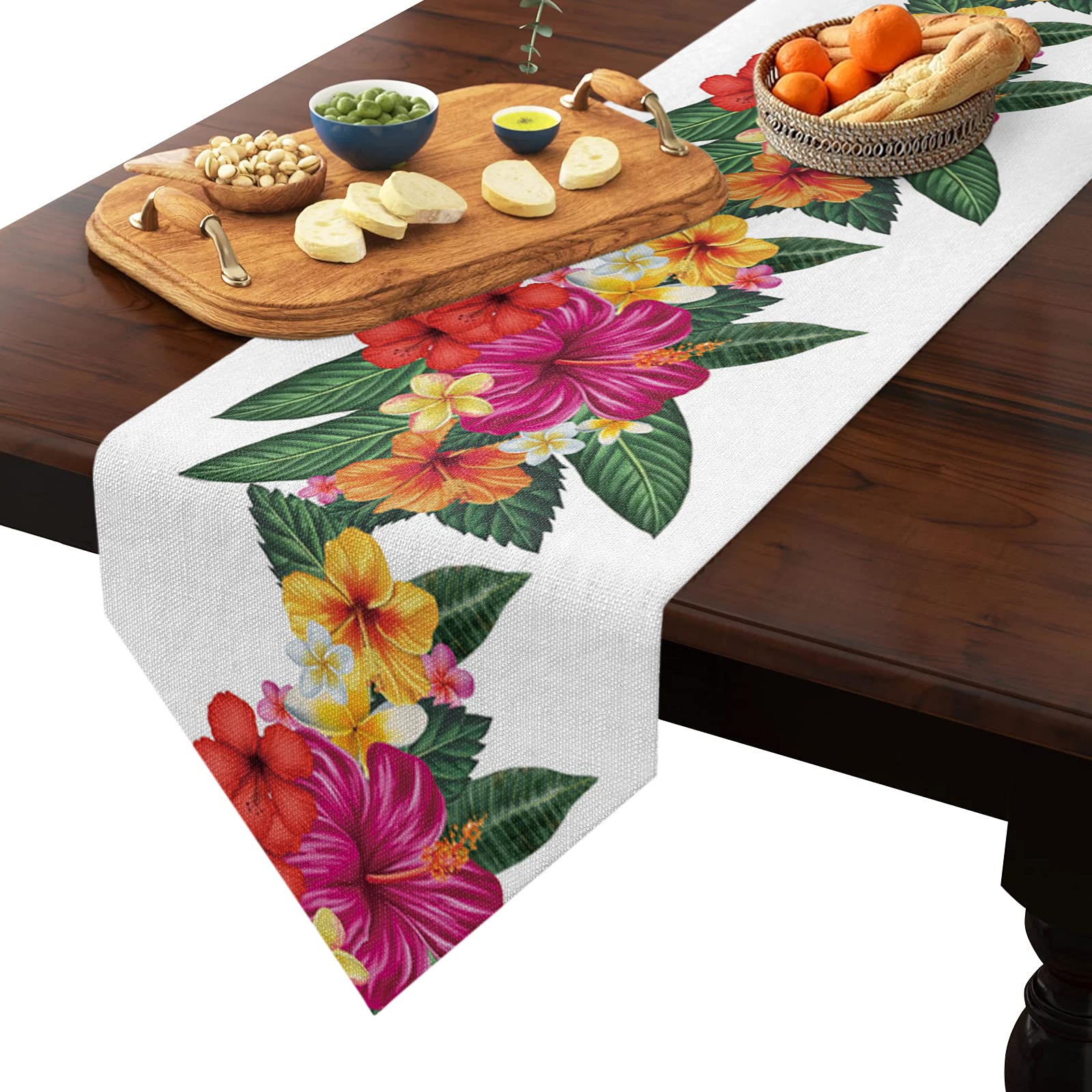 Premium Cotton Linen Table Runner with Puerto Rican Hibiscus & Green Leaves Design - Tropical Watercolor Floral Art Dresser Scarf for Dining Room, Kitchen Decor, Holiday Parties & Home Decoration | Perfect for Beach Weddings, Summer Entertaining & Boho Chic Interior Styling