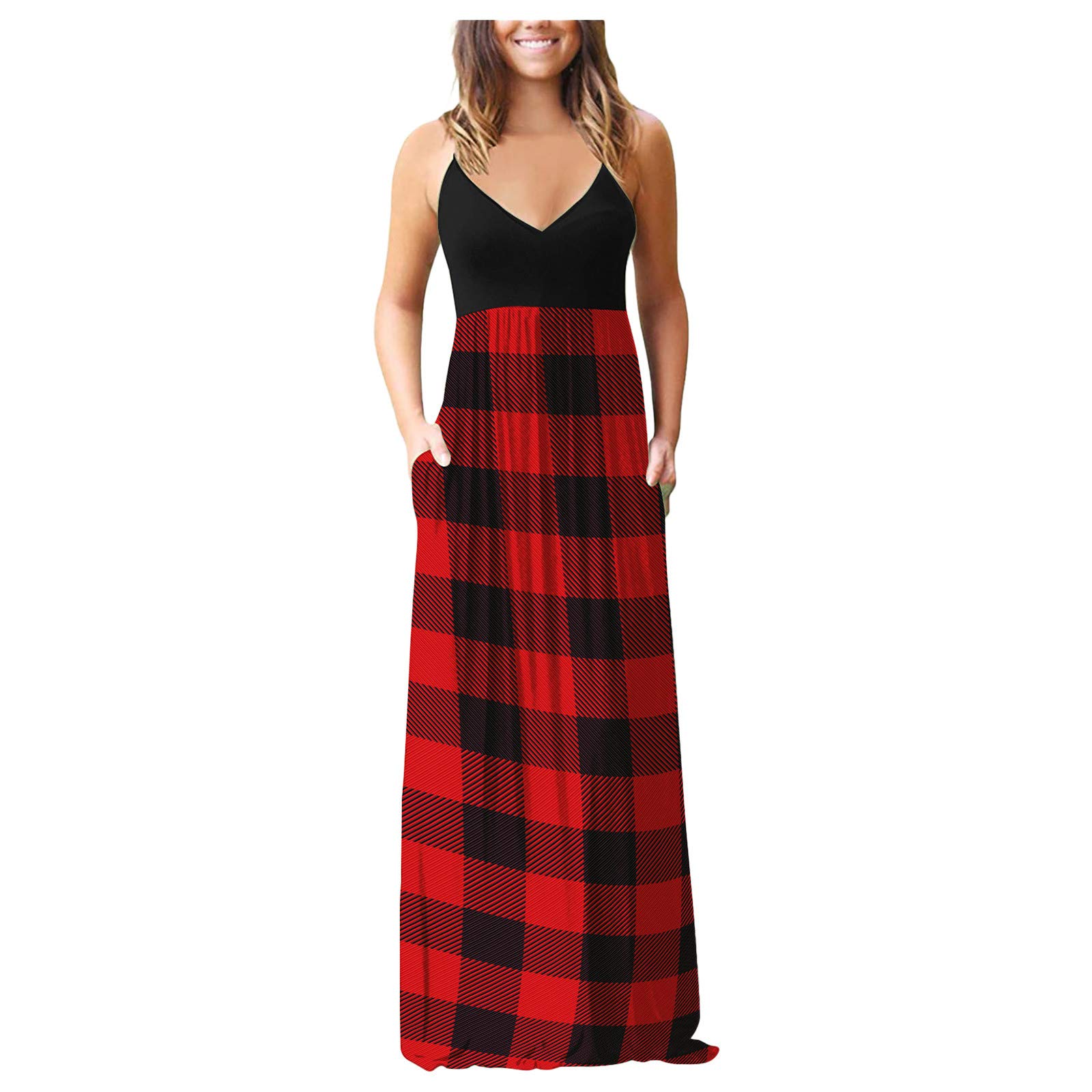 Nulairt Women's Sleeveless Spaghetti Strap Plaid Print Maxi Dress with Pockets - Casual Long Summer Dress for Beach, Vacation & Everyday Wear