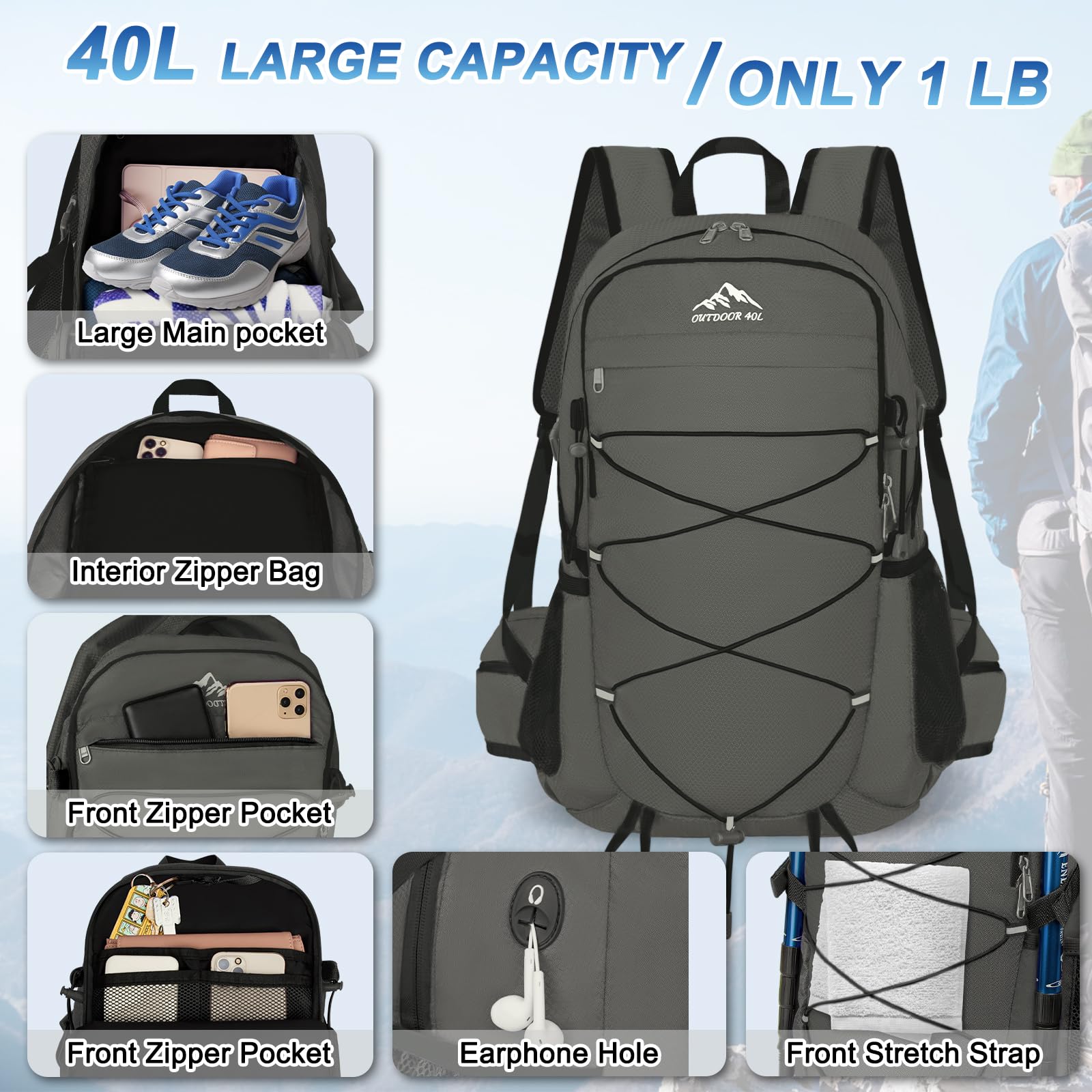 40L Lightweight Hiking Backpack - Waterproof Travel Daypack for Camping & Outdoor Adventures
