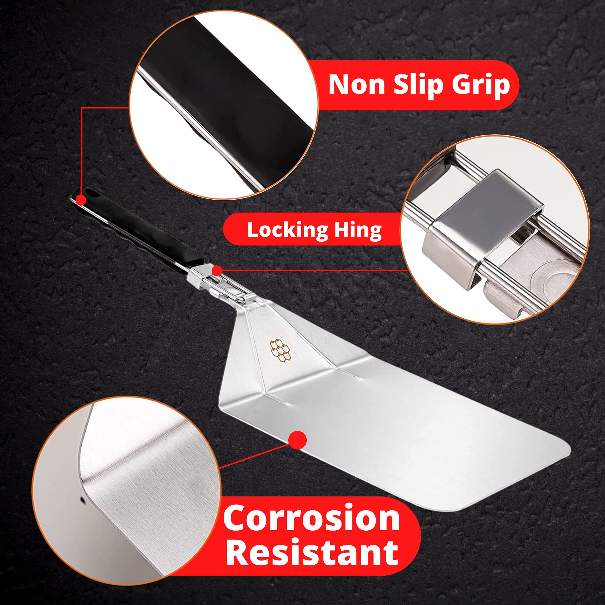 10 Inch Stainless Steel Pizza Peel - Professional Pizza Paddle with Ergonomic Handle & Reinforced Hinges for Wood Fired Oven, Outdoor Grill & Home Kitchen - Perfect for Baking, Serving & Transferring Pizzas