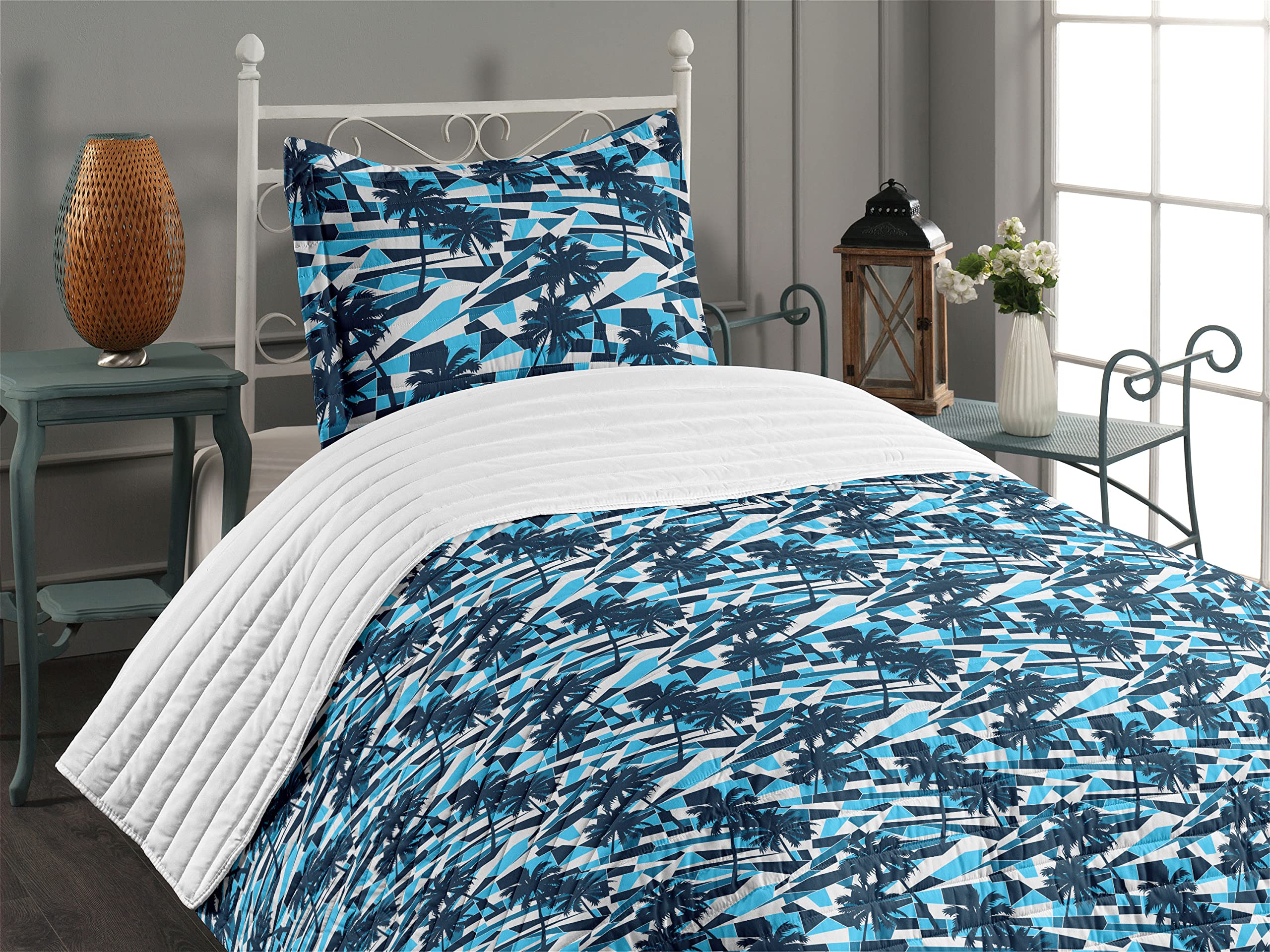 Ambesonne Blue Geometric Palm Tree Microfiber Bedspread Set - Twin Size Soft Comforter with Pillow Sham | Tropical Beach Theme Bedding for Guest Room & Vacation Homes (Dark Blue/White)