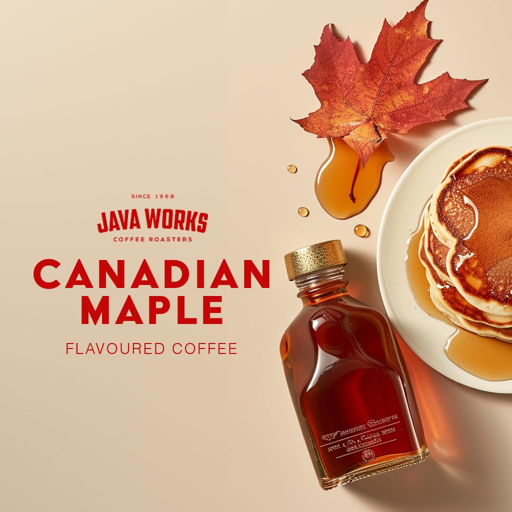 Java Works Canadian Maple Flavored Medium Roast Whole Bean Coffee - 340g | Premium Maple Syrup Infused Coffee Beans | Perfect for Breakfast, Office or Gift Giving