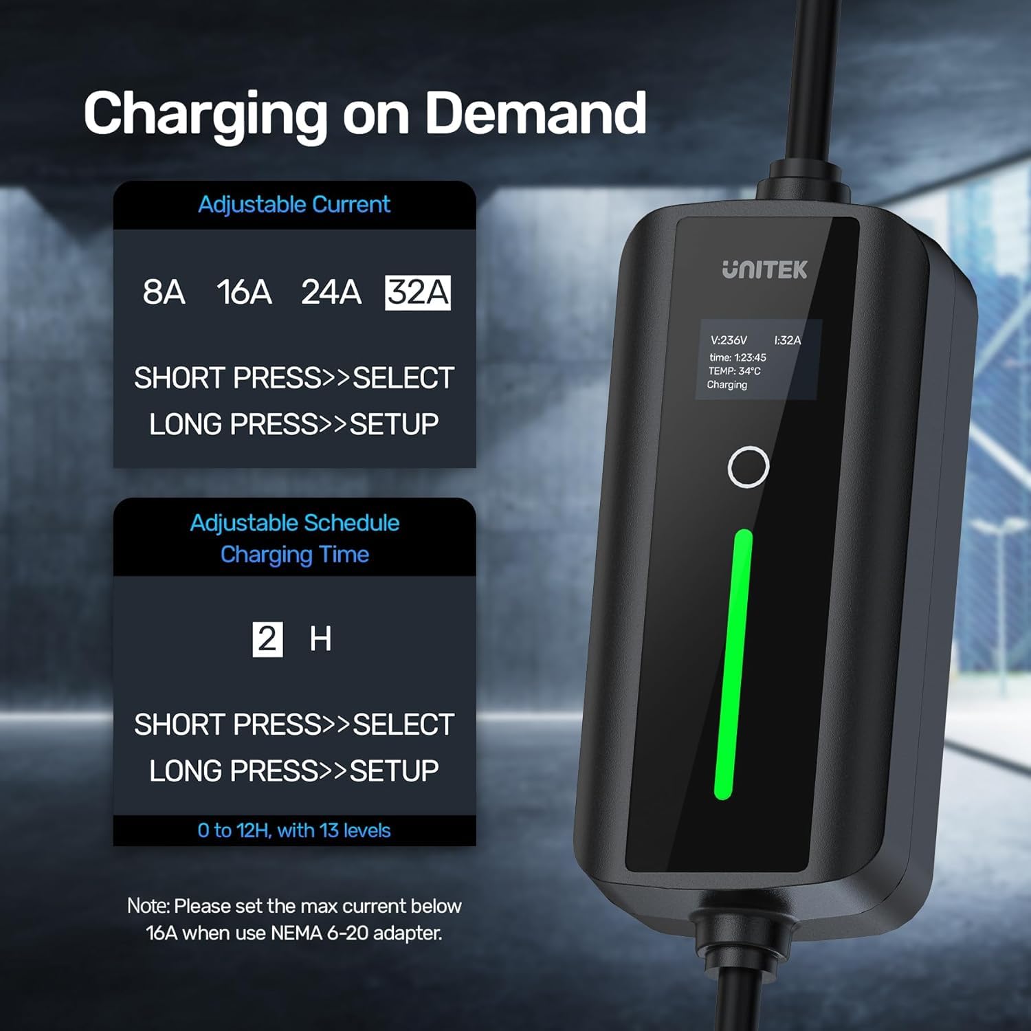 Unitek Level 1 & 2 Portable Tesla Wall Charger - 32Amp 7KW 240V EV Home Charging Station with Auto Sensing, Tesla Mobile Connector Adapter for Model Y/3/S/X - Perfect for Home, Garage & Road Trip Charging