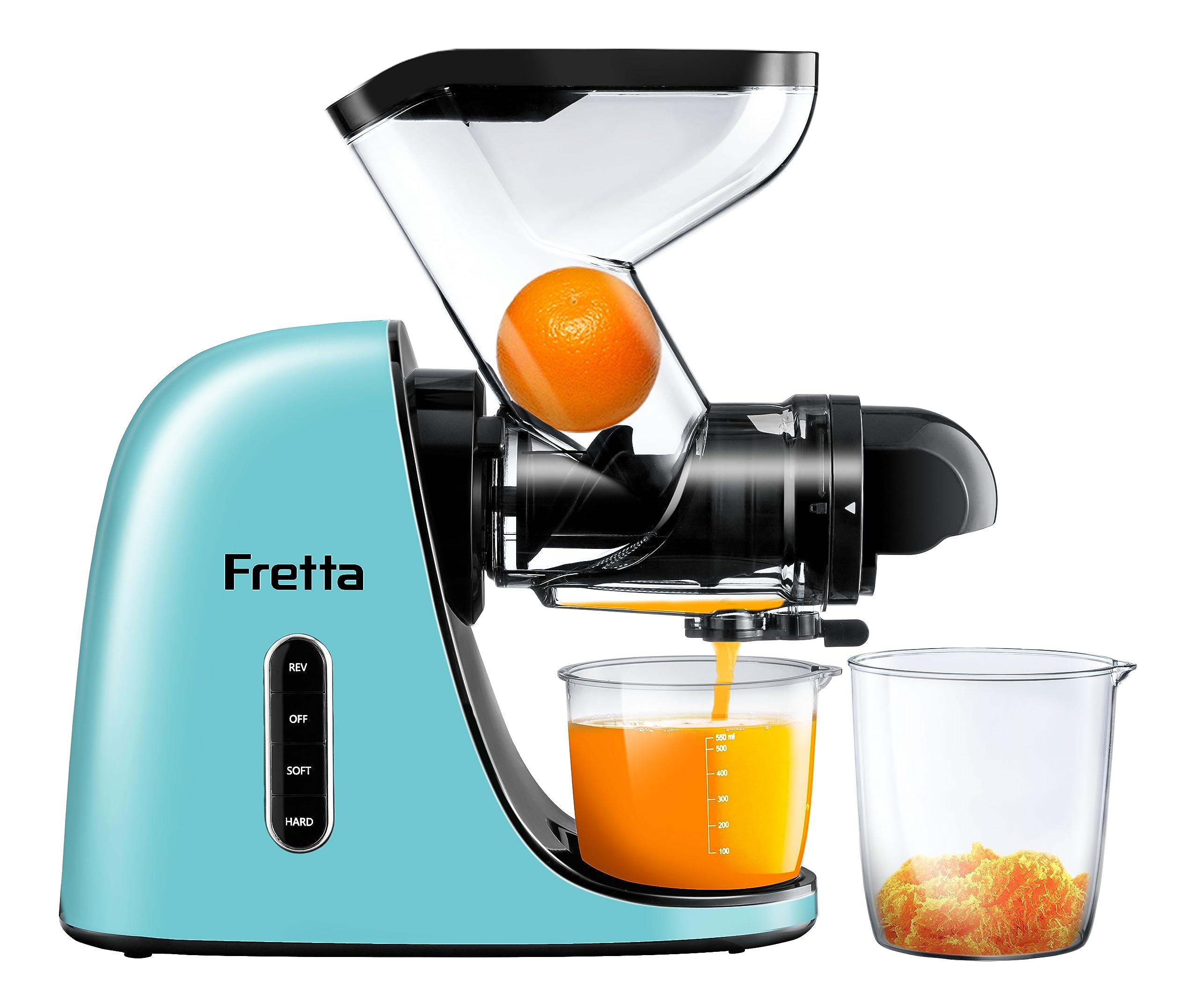 Fretta Wide Feeding Chute Cold Press Juicer - BPA-Free Slow Masticating Juicer with Quiet DC Motor, Reverse Function & 2 Speeds (200W, Light Blue) - Perfect for Celery, Leafy Greens & Healthy Juicing at Home