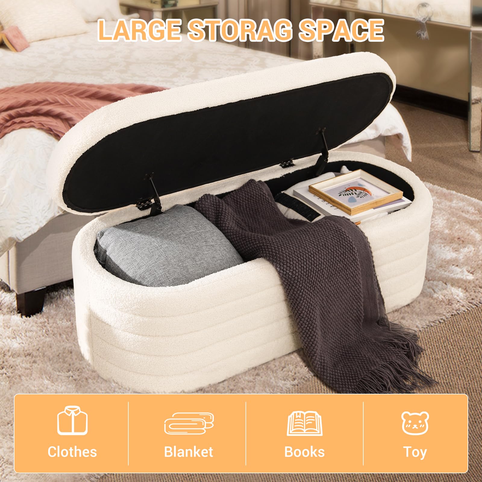 Modern Sherpa Upholstered Teddy Storage Ottoman Bench - White Oval Entryway Bench for Living Room, Bedroom & End of Bed | Multi-Functional Storage Seat with Soft Fabric for Home Decor & Organization