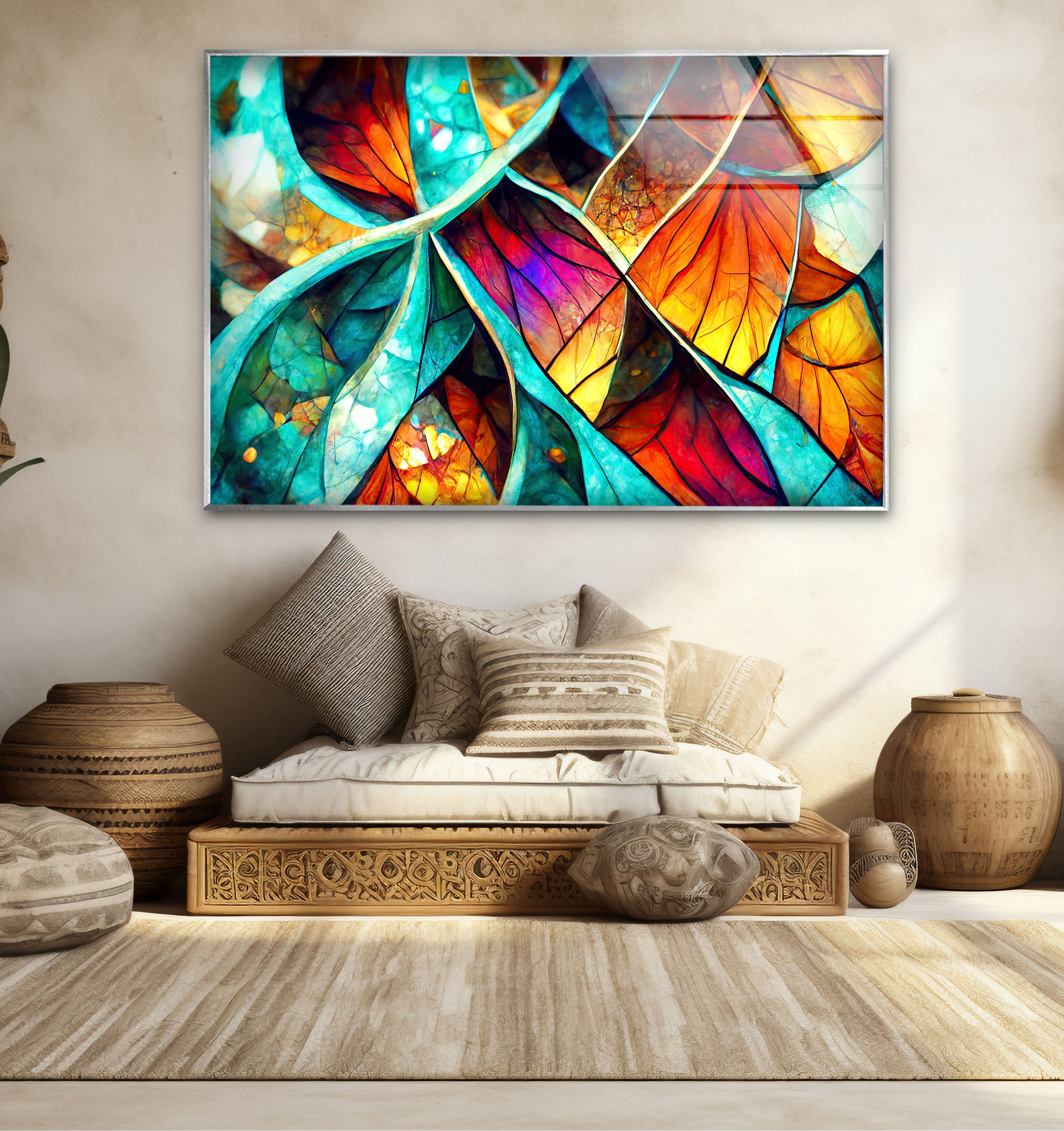 Abstract Stained Glass Leaf Wall Art - Vibrant Nature-Inspired Panel for Modern Home Decor | Perfect for Living Room, Bedroom & Office Decoration