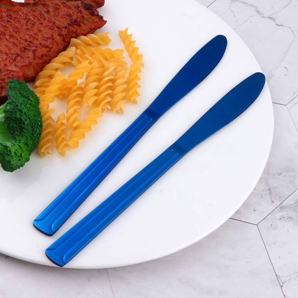 Premium Stainless Steel Dinner Knives Set of 12 - Elegant Blue Silverware Flatware with Line Design, Titanium Coated Steak Knives for Restaurant, Wedding & Catering | Perfect for Fine Dining, Home Entertaining & Professional Use