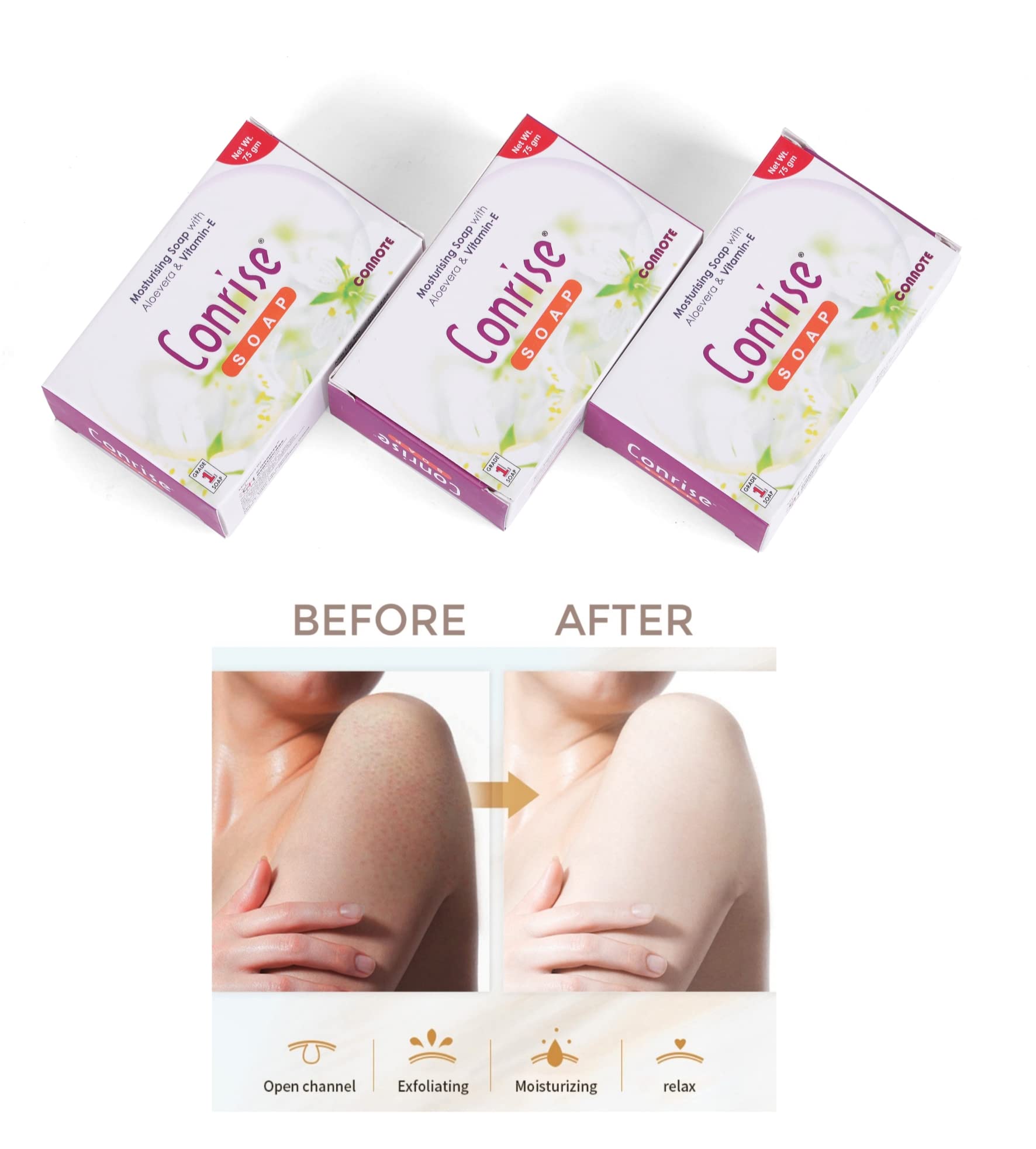 Conrise Original Moisturising Grade-1 Soap With Aloe Vera & Vitamin E - 75g (Pack of 3) - Gentle Cleansing for Dry & Sensitive Skin - Perfect for Daily Face & Body Care
