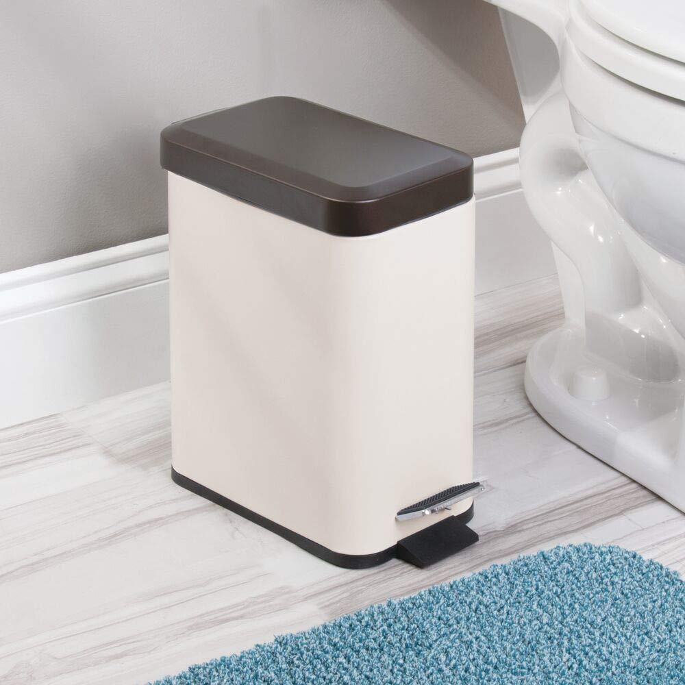 mDesign 1.3 Gallon Small Modern Rectangle Step Trash Can with Lid - Compact Metal Garbage Bin with Removable Liner Bucket & Handle for Bathroom, Kitchen, Office, Craft Room, Garage - Vanilla Bronze Finish | Perfect for Small Spaces, Under Sink, Vanity & Home Organization