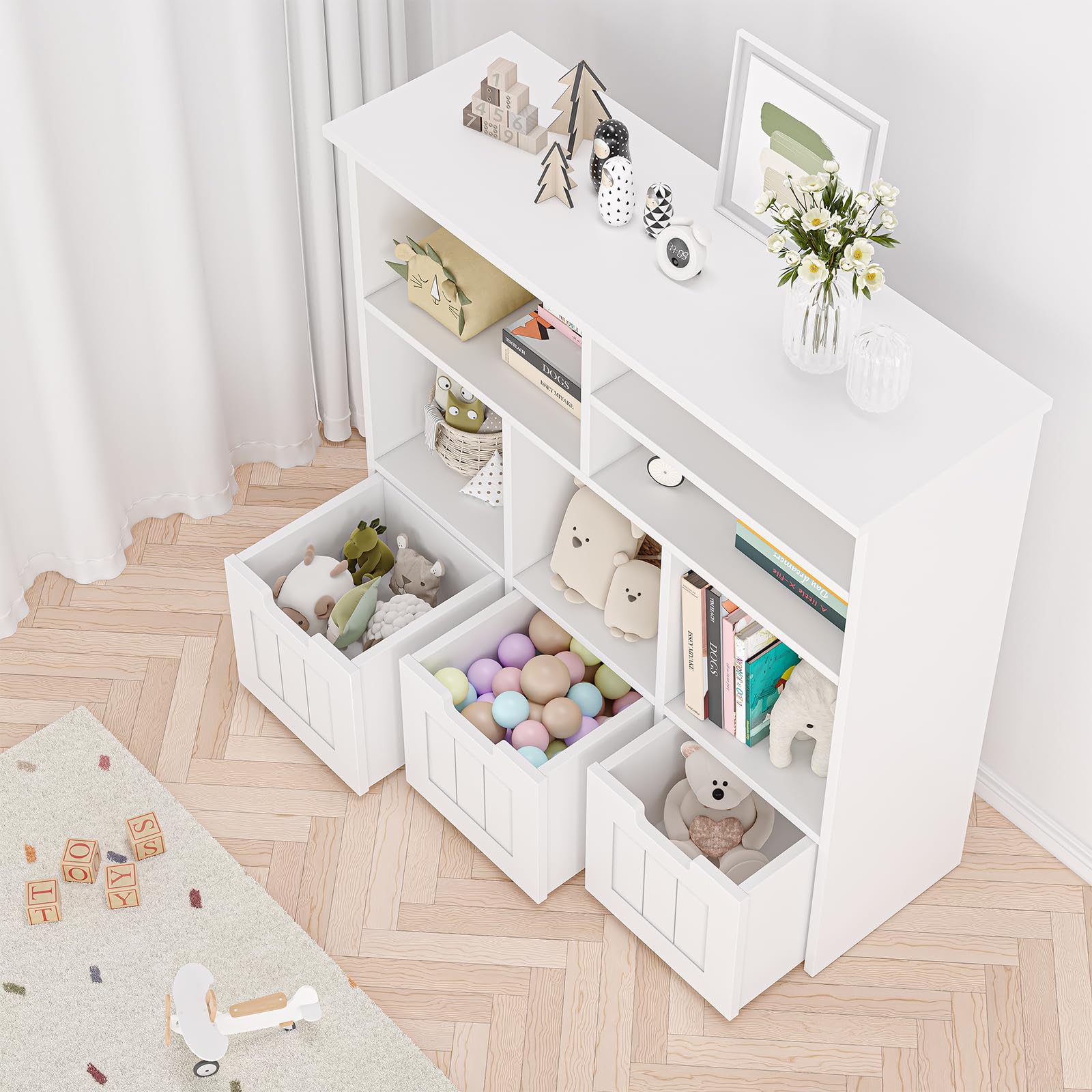 3-Tier Kids Toy Storage Organizer with Movable Drawers & Hidden Wheels - Multifunctional Bookshelf Cabinet for Nursery, Playroom, Bedroom - Perfect for Organizing Toys, Books & Kids Essentials (White)