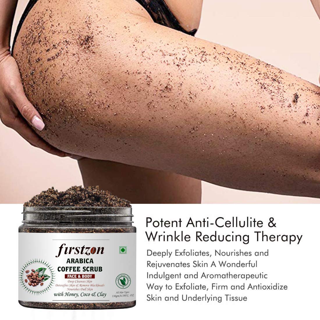 FIRSTZON Arabica Coffee Face & Body Scrub 130g - Exfoliating Scrub with Green Tea, Honey, Cocoa & Clay | Made in India | For Smooth Skin & Detoxification | Perfect for Spa Day & Self-Care Routine