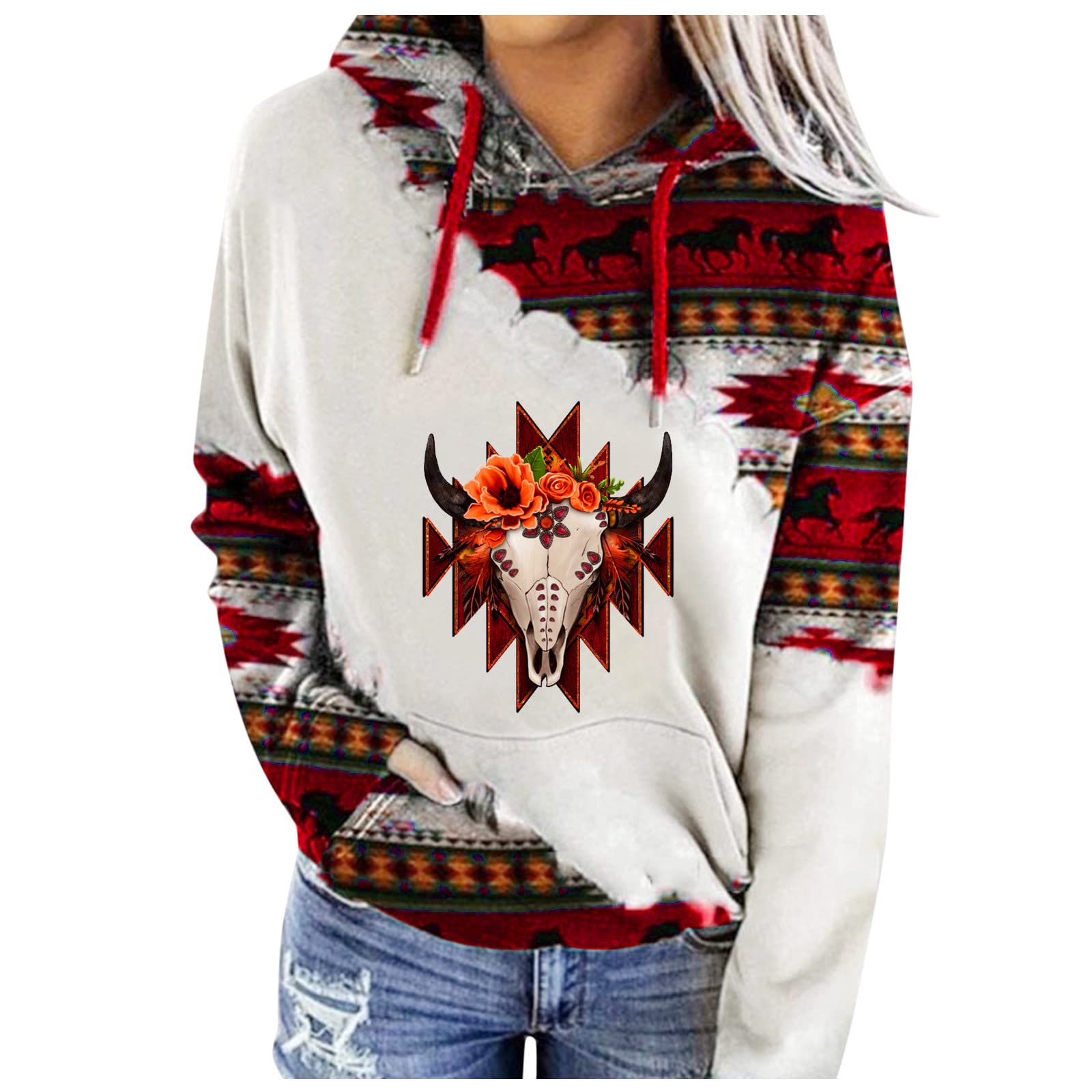 Women's Lightweight Hoodies - Loose Casual Sweatshirt with Ethnic Print, Long Sleeve Hooded Pullover for Everyday Wear | Perfect for Spring Outfits, Street Style & Cozy Loungewear