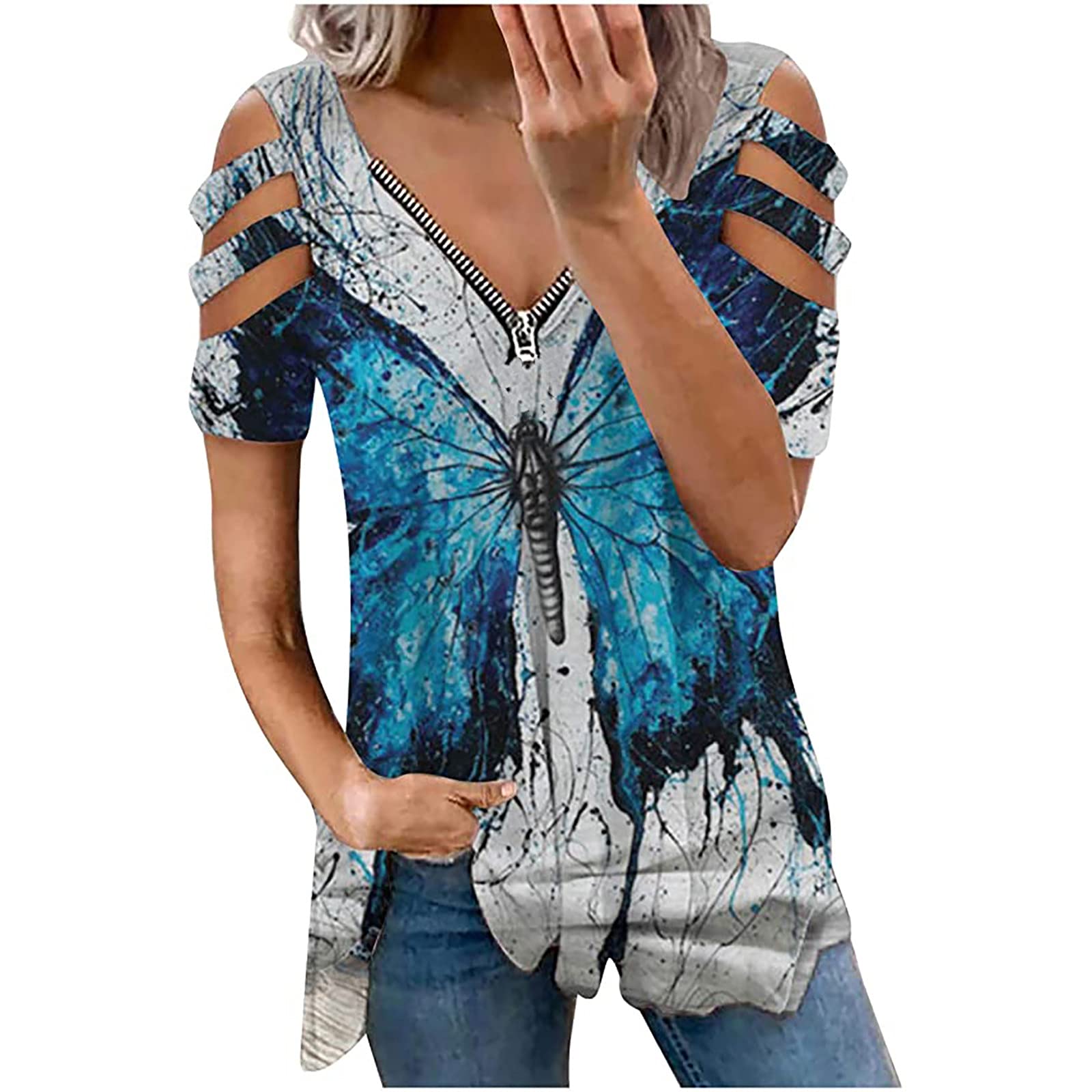 Women's Cold Shoulder Tops - V Neck Summer Blouses with Zipper Detail | Short Sleeve Loose Tunic T-Shirts for Casual Wear & Beach Outfits