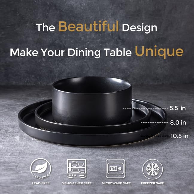 GBHOME 16-Piece Stoneware Dinnerware Set for 4 - Chip & Scratch Resistant Ceramic Plates & Bowls - Dishwasher, Microwave & Oven Safe - Reactive Glaze Black - Perfect for Family Dinners, Entertaining & Everyday Use