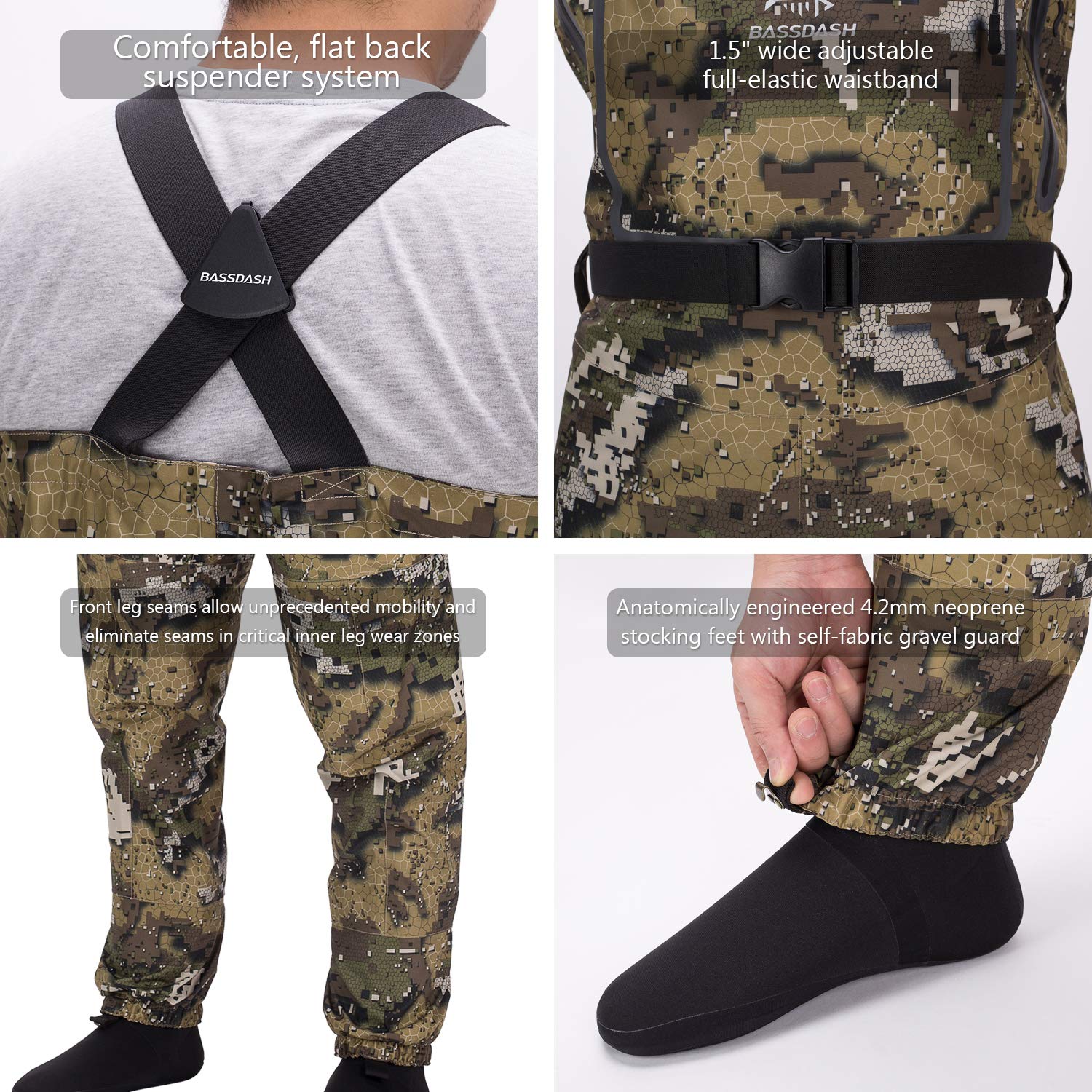 BASSDASH Men's Breathable Ultra Lightweight Camo Chest Waders for Fishing & Hunting – Waterproof Stocking Foot Design for Outdoor Adventures