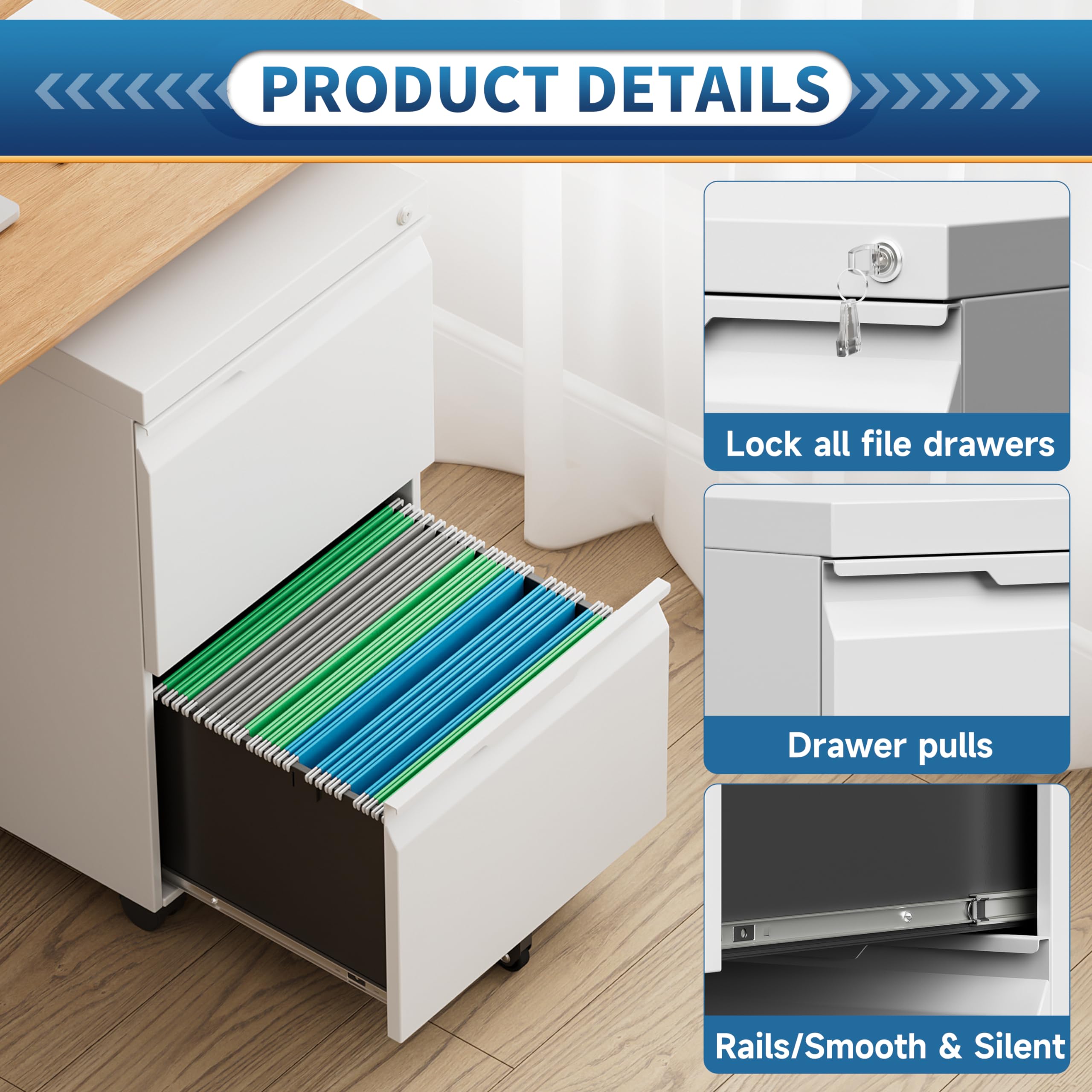 2-Drawer Locking File Cabinet with Wheels - Mobile Storage for Legal, Letter & A4 Files - Home Office Organization Under Desk - White - Perfect for Small Spaces & Document Security