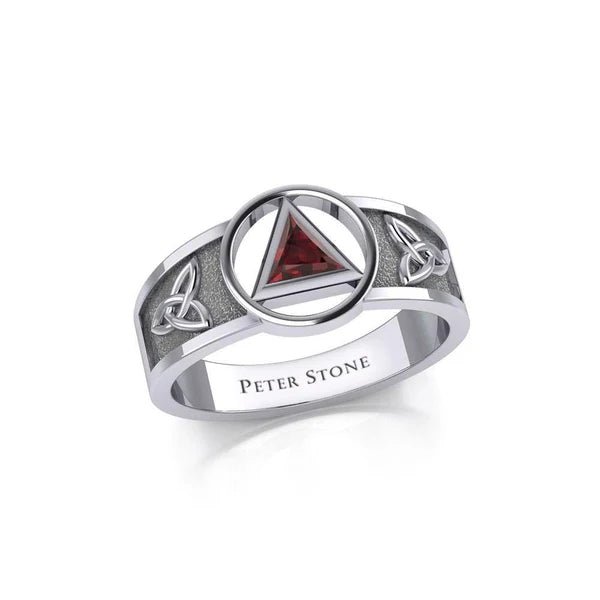 Celtic Trinity Knot Sterling Silver Ring with Inlaid Recovery Symbol - Elegant Irish Jewelry for Women, Men - Perfect for Weddings, Anniversaries & Spiritual Healing