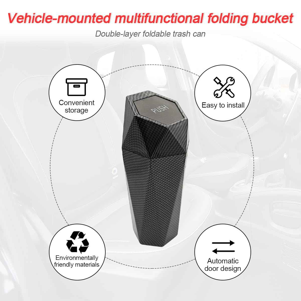 Leakproof Car Trash Can with Lid - Small Portable Auto Garbage Bin, Waterproof Vehicle Trash Can for Car, Office & Home - Diamond Design Mini Dustbin for Automotive, Kitchen, Bedroom & Travel Use