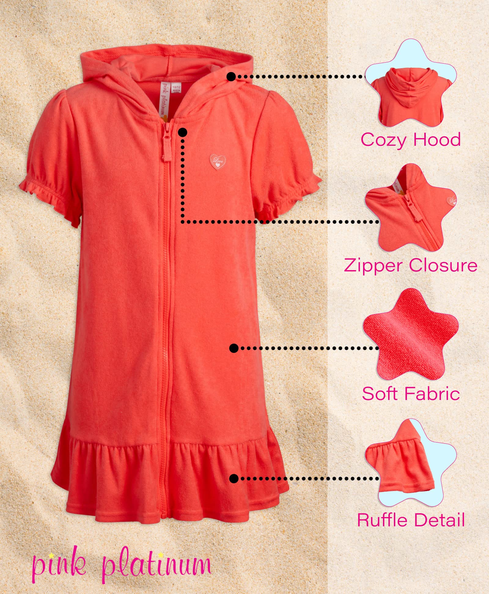 Pink Platinum Girls' Swim Cover Up Hooded Terry Cloth Bathrobe - Full Zip Ruffled Swim Dress for Toddler to Teen 2T-16 - Perfect for Poolside, Beach & Spa Days