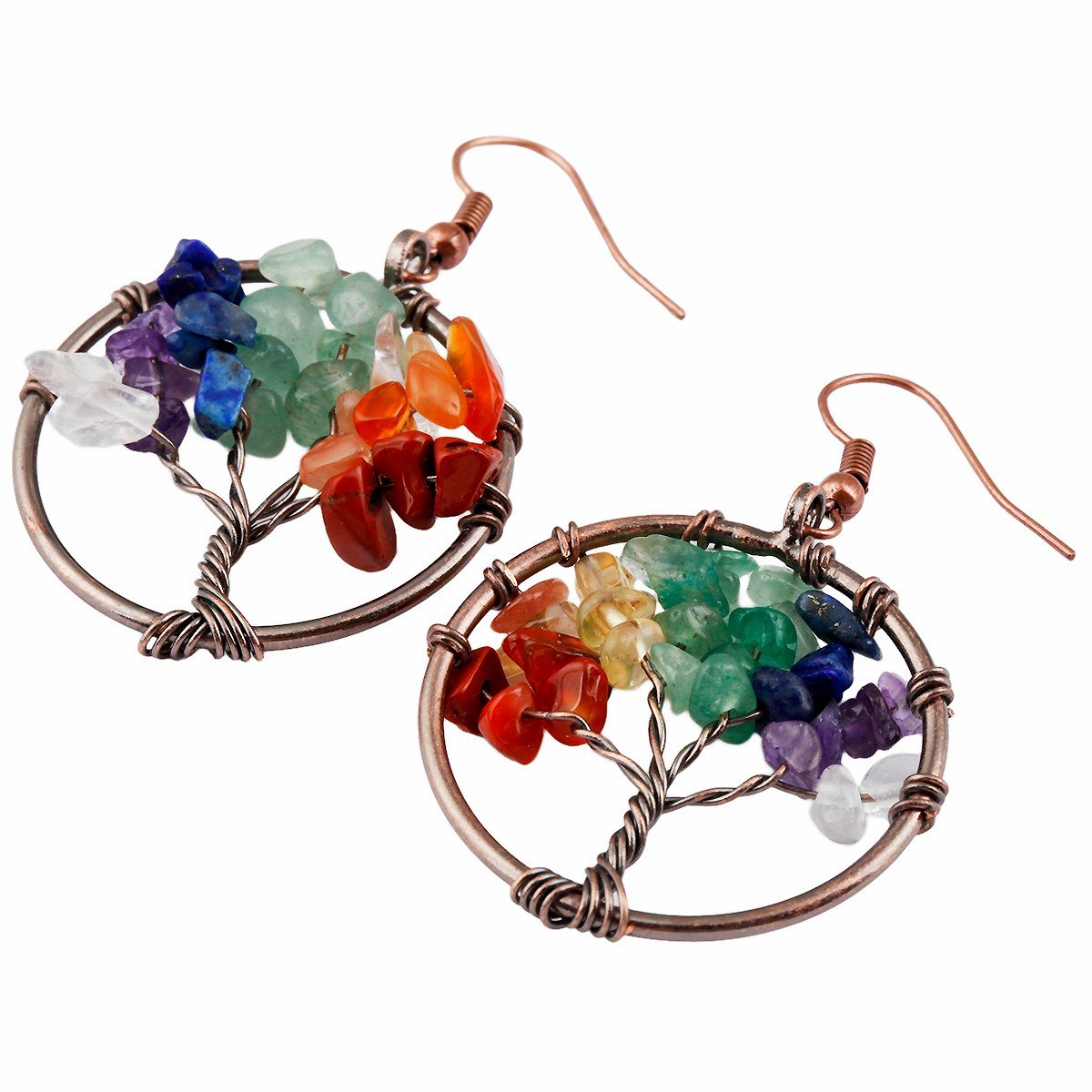 TUMBEELLUWA Handmade Copper Chakra Gemstone Tree Dangle Earrings for Women | Boho Spiritual Jewelry | Best Gift for Yoga, Meditation & Nature Lovers