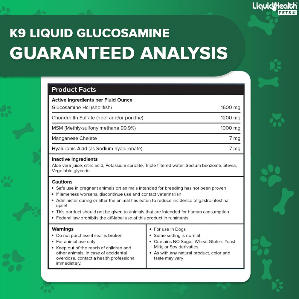 LiquidHealth 128 Oz K9 Liquid Glucosamine for Dogs - Chondroitin, MSM & Hyaluronic Acid Supplement | Supports Hip & Joint Health, Relieves Pain in Puppies & Senior Dogs | Dog Joint Oil Vitamin (1 Gallon) for Active & Aging Pets | Perfect for Daily Use & Post-Exercise Recovery