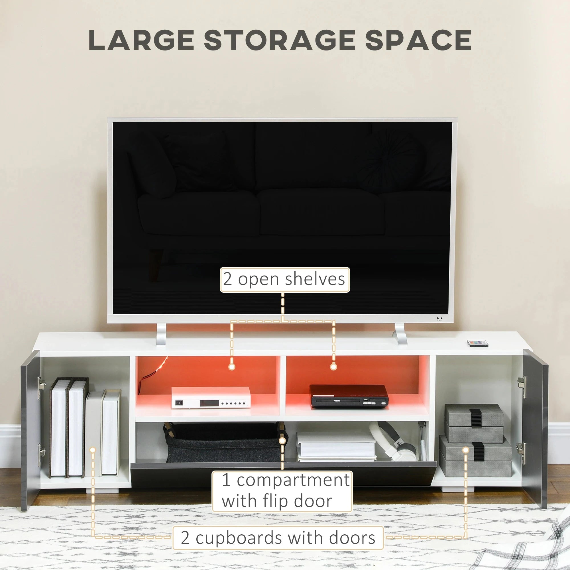 Modern TV Stand with LED Lights & Storage Shelves - 4 Color Options for Living Room, Bedroom & Home Theater Setup