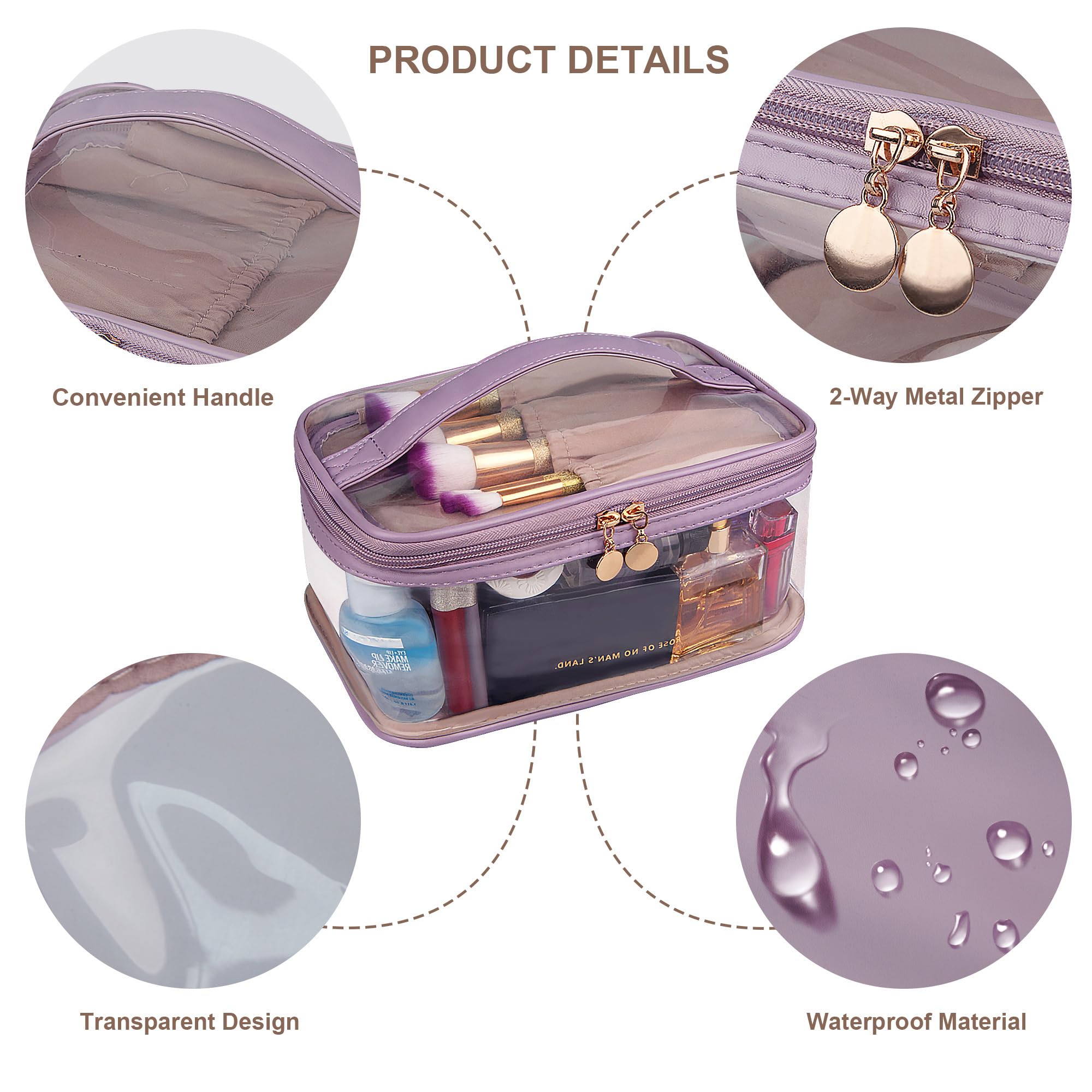 Clear Toiletry Bag for Travel - Large Opening Transparent Makeup Organizer, Portable Waterproof Cosmetic Case with High Capacity | Perfect for Women's Travel Essentials, Gym, Airplane Carry-On & Weekend Getaways (Purple)