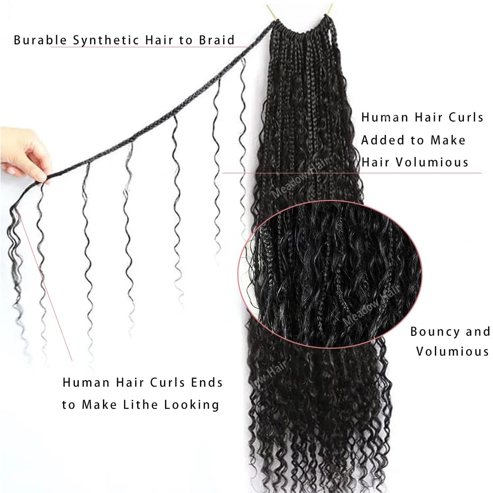 24Inch 80 Strands Crochet Boho Box Braids with Human Hair Curls - Pre-Looped Synthetic Hair Box Braids with Deep Wave Ends for Black Women | Perfect for Protective Styling, Everyday Wear & Special Occasions
