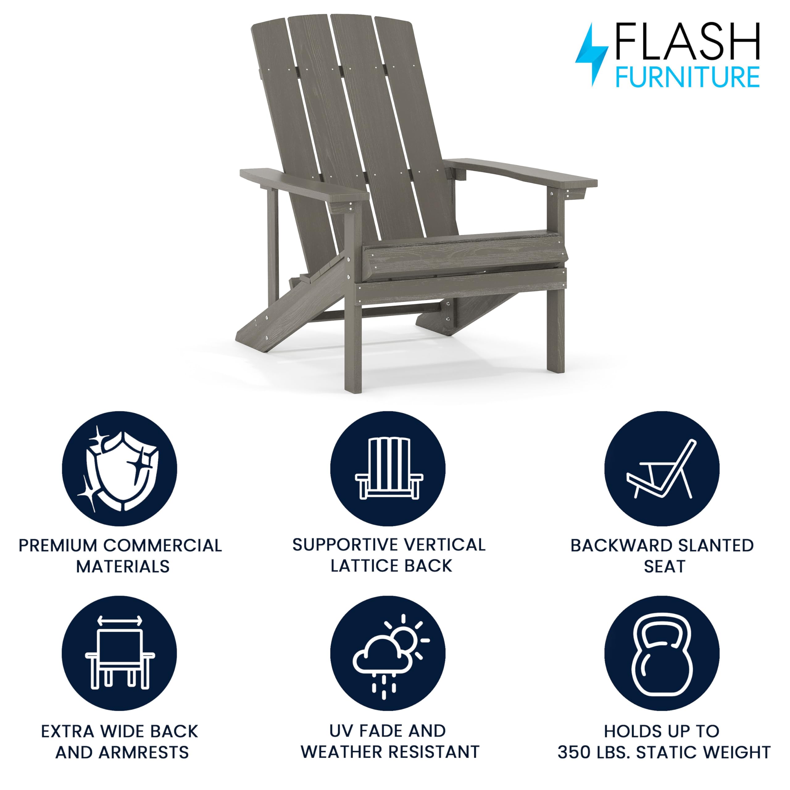 Flash Furniture Charlestown Indoor/Outdoor Faux Wood Adirondack Chair - Weather-Resistant Polyresin Patio Chair with 350 lb Weight Capacity in Gray - Perfect for Backyard, Garden, Poolside & Deck Relaxation