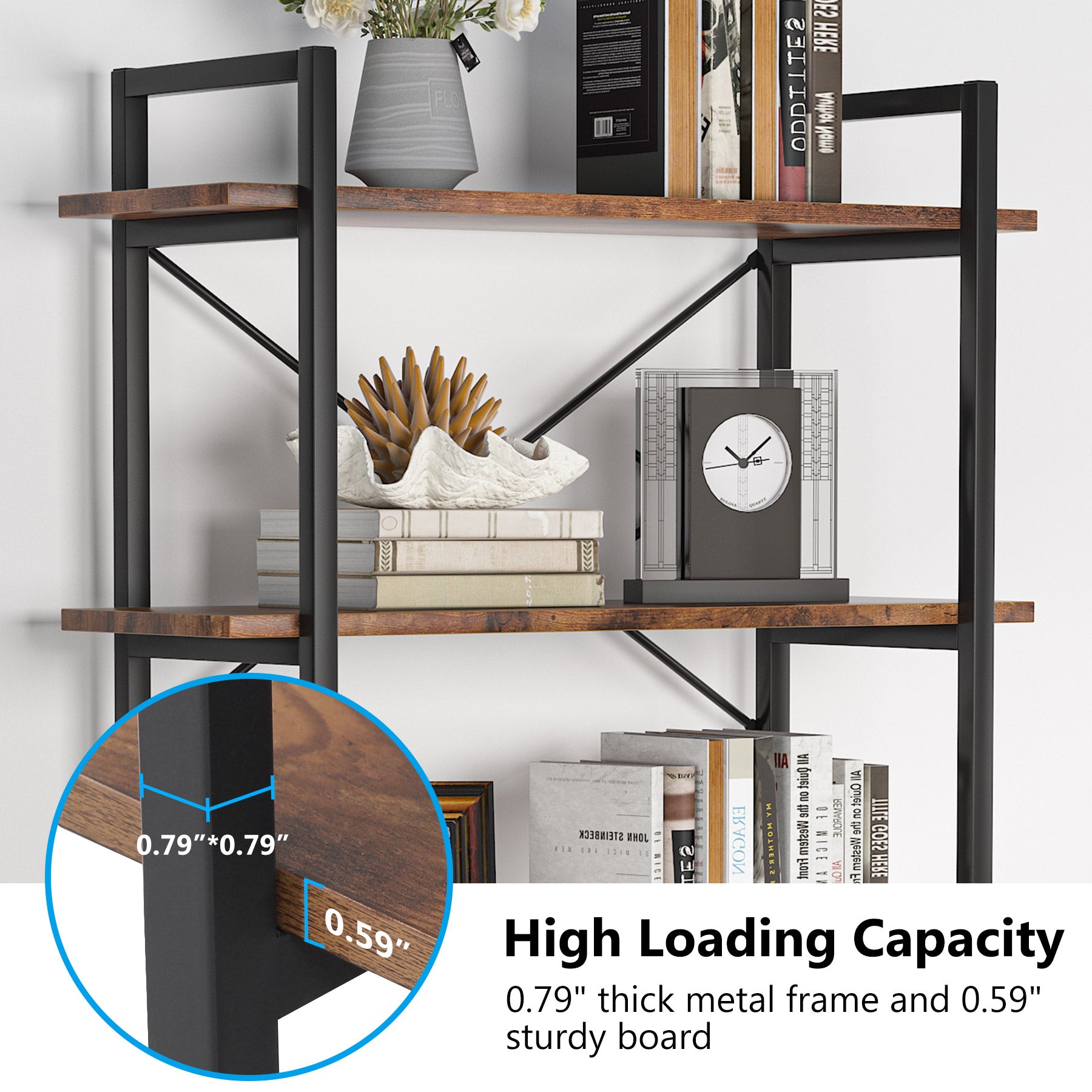 5 Tier Industrial Bookshelf - Brown Wooden Bookcase Display Shelf Unit for Living Room, Office & Home Decor