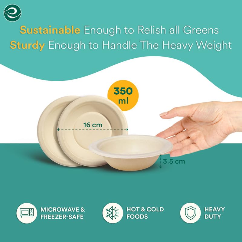 Eco-Friendly 350ml Disposable Bagasse Bowls (50 Pack) - Biodegradable Sugarcane Fiber Bowls for Snacks, Dinner, Parties & Weddings - Round Beige Compostable Tableware for Sustainable Events & Catering