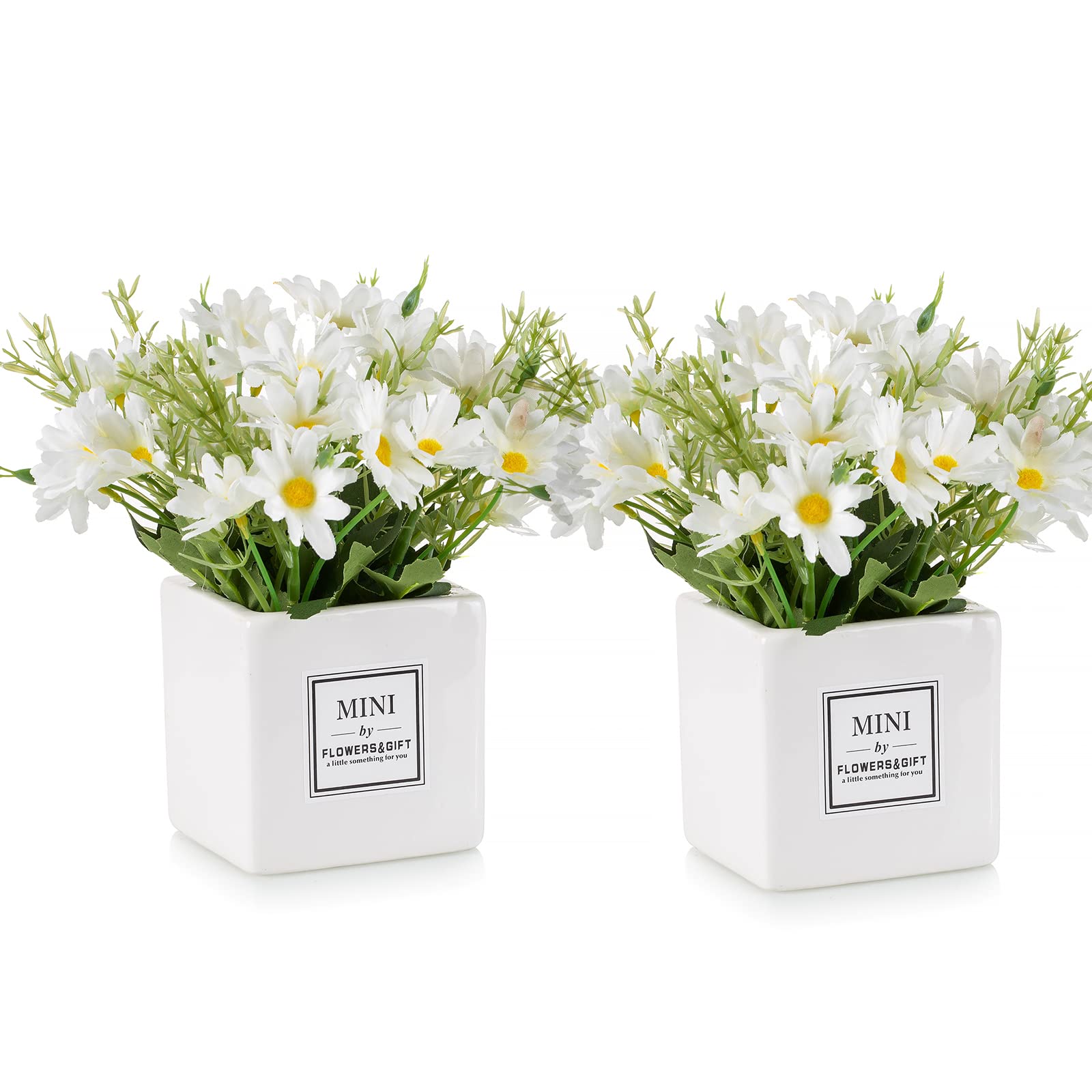 Blosmon 2-Pack Artificial White Daisy Flowers with Vase - Realistic Silk Floral Arrangement for Home, Office, Table, Shelf Decor | Perfect for Centerpieces, Bathroom Accessories & Wedding Bouquets