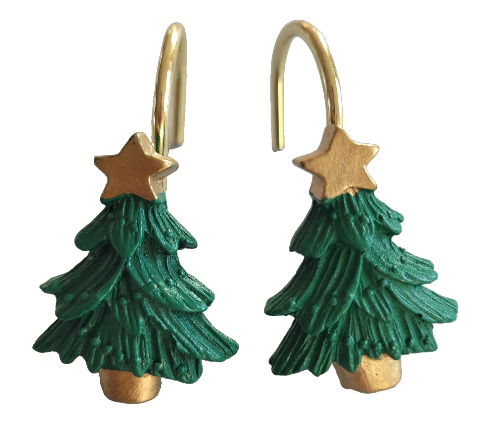 Two Fish Home Fashions 12-Pack Christmas Tree Shower Curtain Hooks - Decorative Resin Holiday Bathroom Accessories for Christmas Decor, Festive Home & Gift Giving