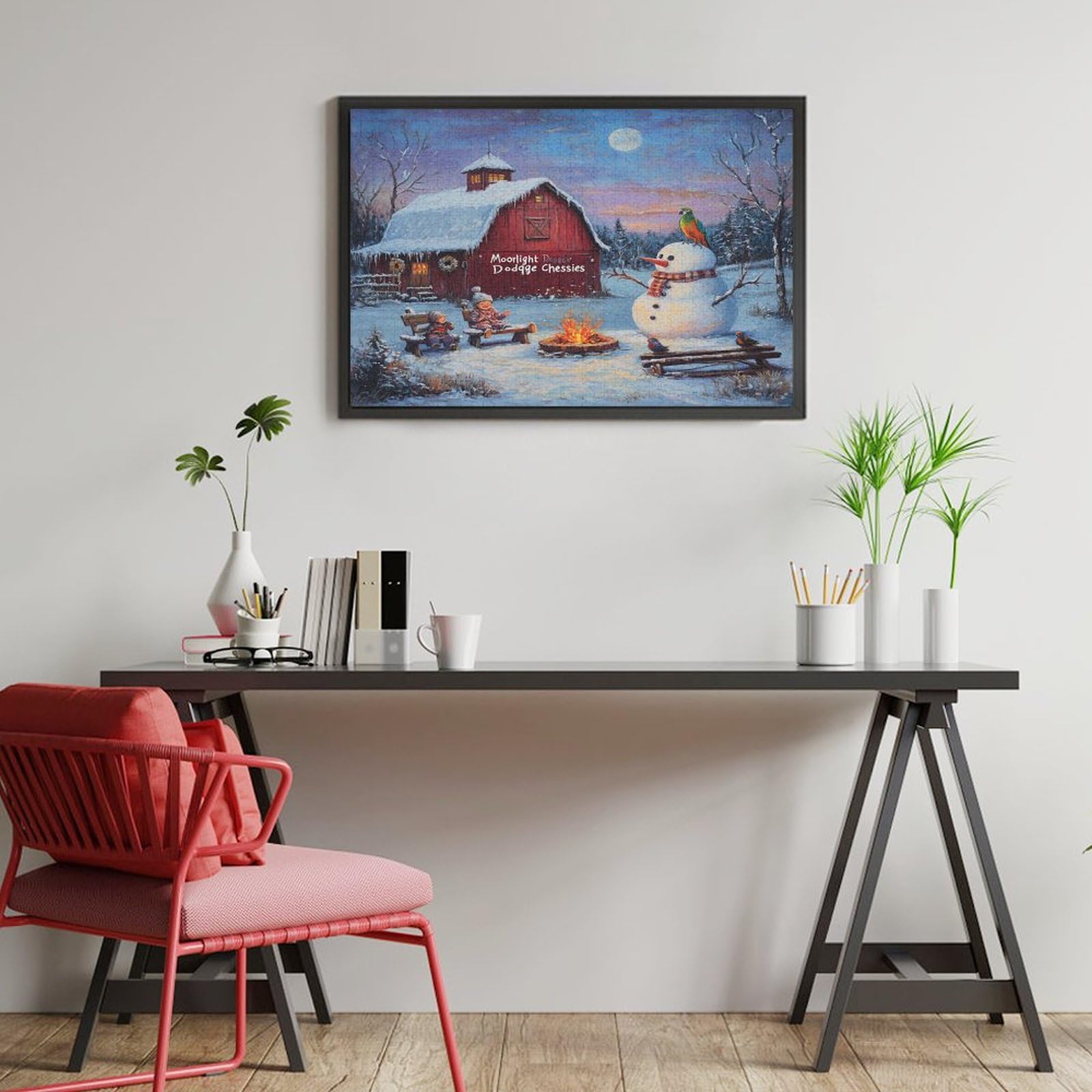 1000 Piece Adult Jigsaw Puzzle - Whimsical Winter Scene with Old Red Barn & Snowman Family | Christmas Holiday Wooden Puzzle for Family Games & Activities | Perfect for Winter Evenings, Gift Giving & Relaxation