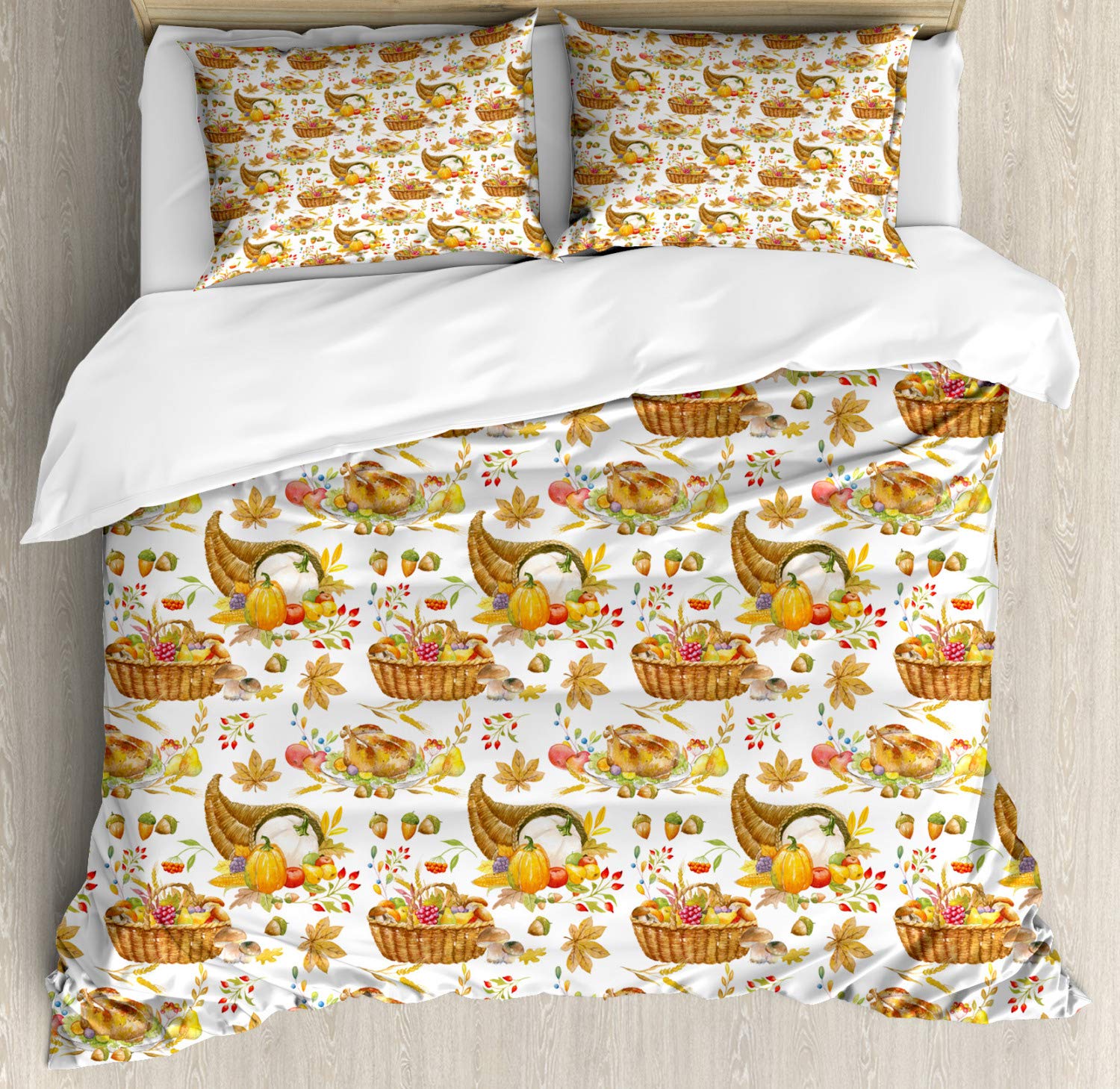 Lunarable Thanksgiving Duvet Cover Set - Autumn Harvest Theme with Pumpkins, Fruits, Nuts & Chicken Print - 2 King Size Duvet Covers & 4 Pillowcases (Orange, Pale Brown, Red) - Cozy Fall Bedding for Seasonal Home Decor