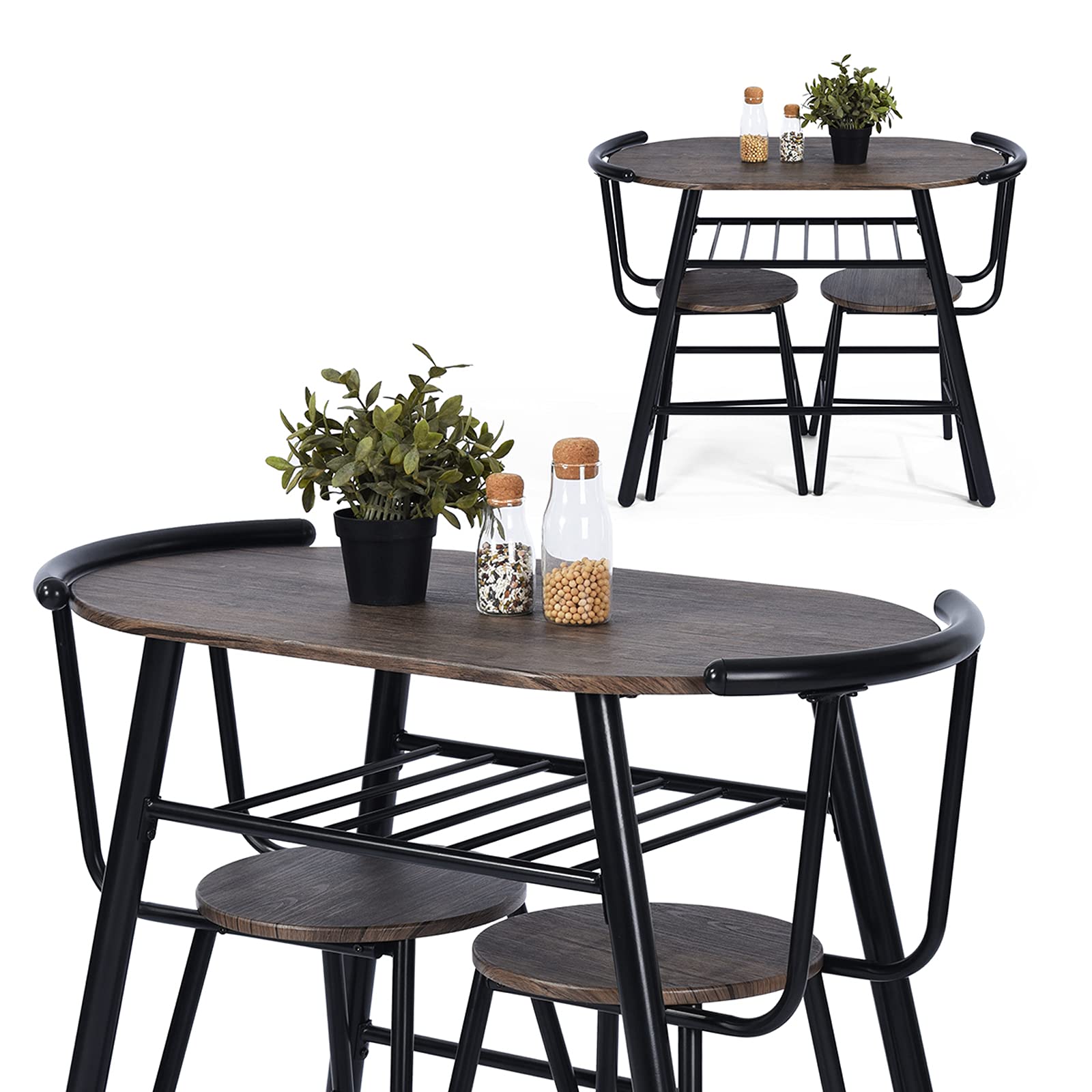 3-Piece Space-Saving Dining Table Set for 2 - Compact Kitchen & Small Dining Room Furniture in Brown/Black - Perfect for Breakfast Nooks, Apartments & Cozy Meals