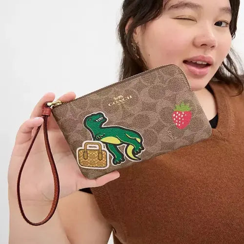 NWT Coach Corner Zip Wristlet Wallet - Signature Canvas & Leather with Sticker Print | Compact Crossbody Purse for Women, Perfect for Everyday Use, Travel & Shopping