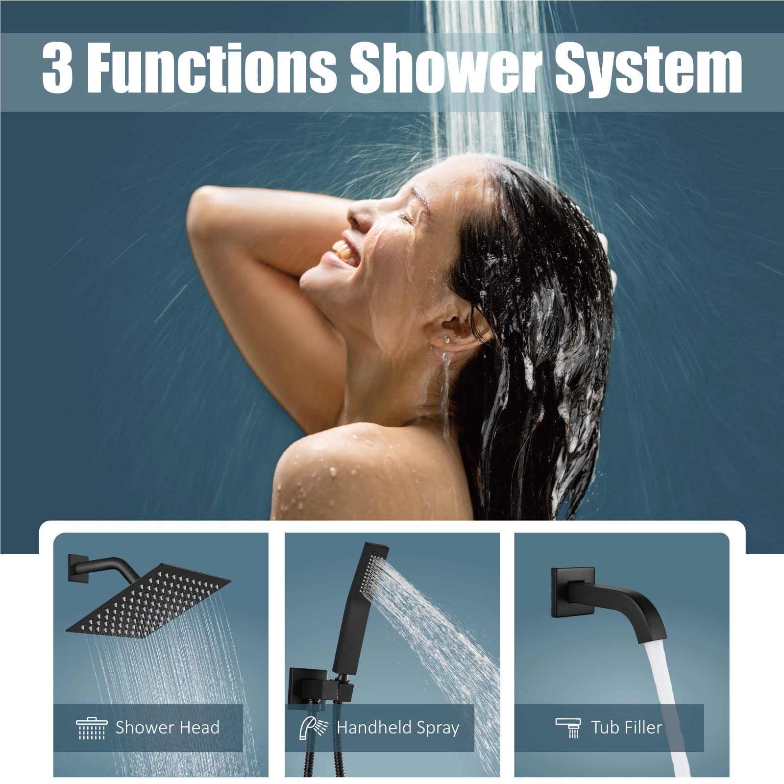 **Aolemi Luxury Rainfall Shower System - 8 Inch Matte Black Shower Head Combo Set with Tub Filler, Handheld Shower & Rough-in Valve | Wall Mount Bathroom Mixer Faucet for Spa-Like Relaxation**